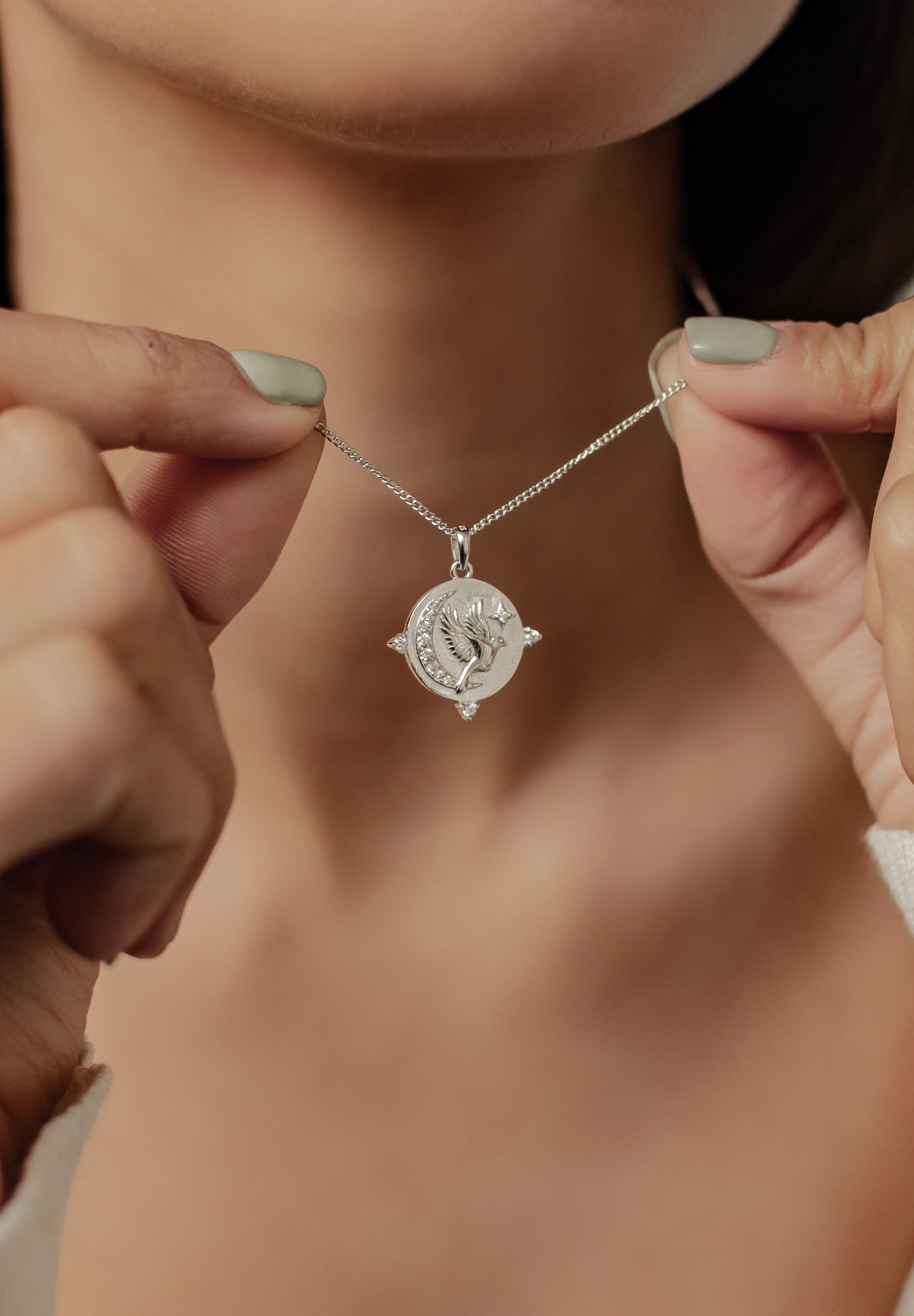 Hey Happiness Freundschaftskette Gravur Fearless, Damen Halskette Silber 925 Vogel Mond mit Bedeutung, Statementkette Anhänger Platte Sterne Zirkonia, 18K Gold Glücksbringer