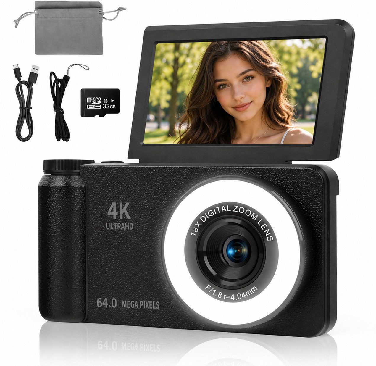 XEOOCE 4K Digitalkamera 64MP mit Flip Display Autofokus 18x Zoom Kompaktkamera (64 MP, 20 Filter)
