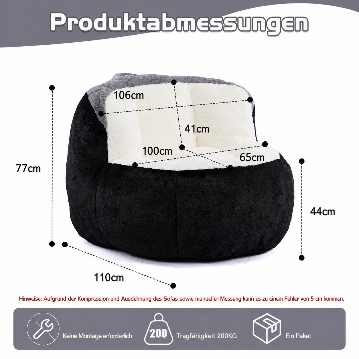 Vankel Relaxliege Sofas Wohnzimmer Bean Bag Sessel aus weichem Kunstfell, Mit Schaumstoffflocken, Tragegriff und rutschfester Unterseite