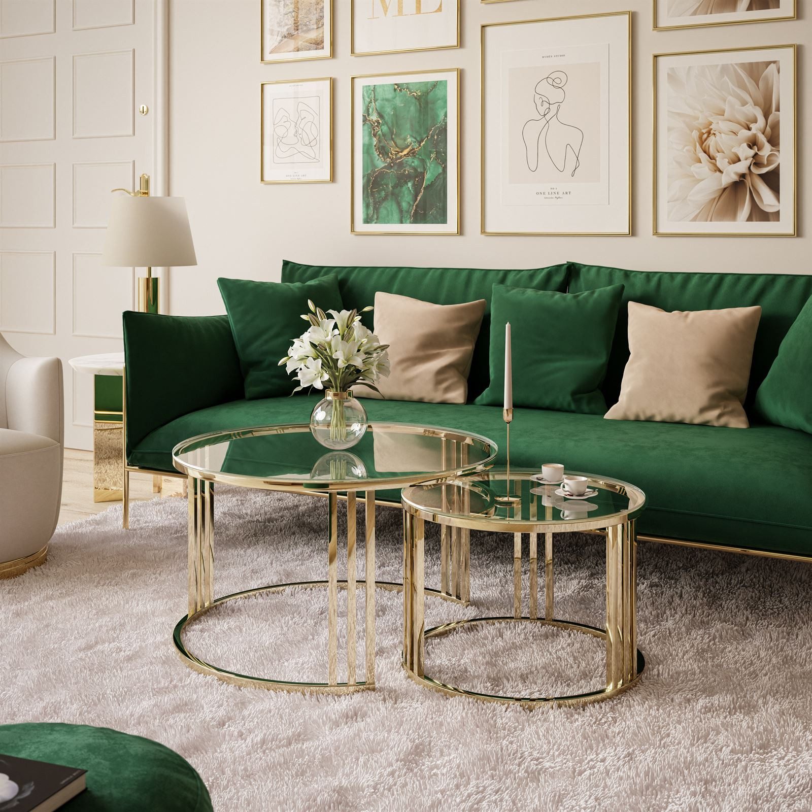 Lookway Couchtisch LORI 2in1 GLASS runder Couchtisch mit gold chrom Gestell (2er Set), Durchmesser: ⌀70 cm und ⌀50 cm