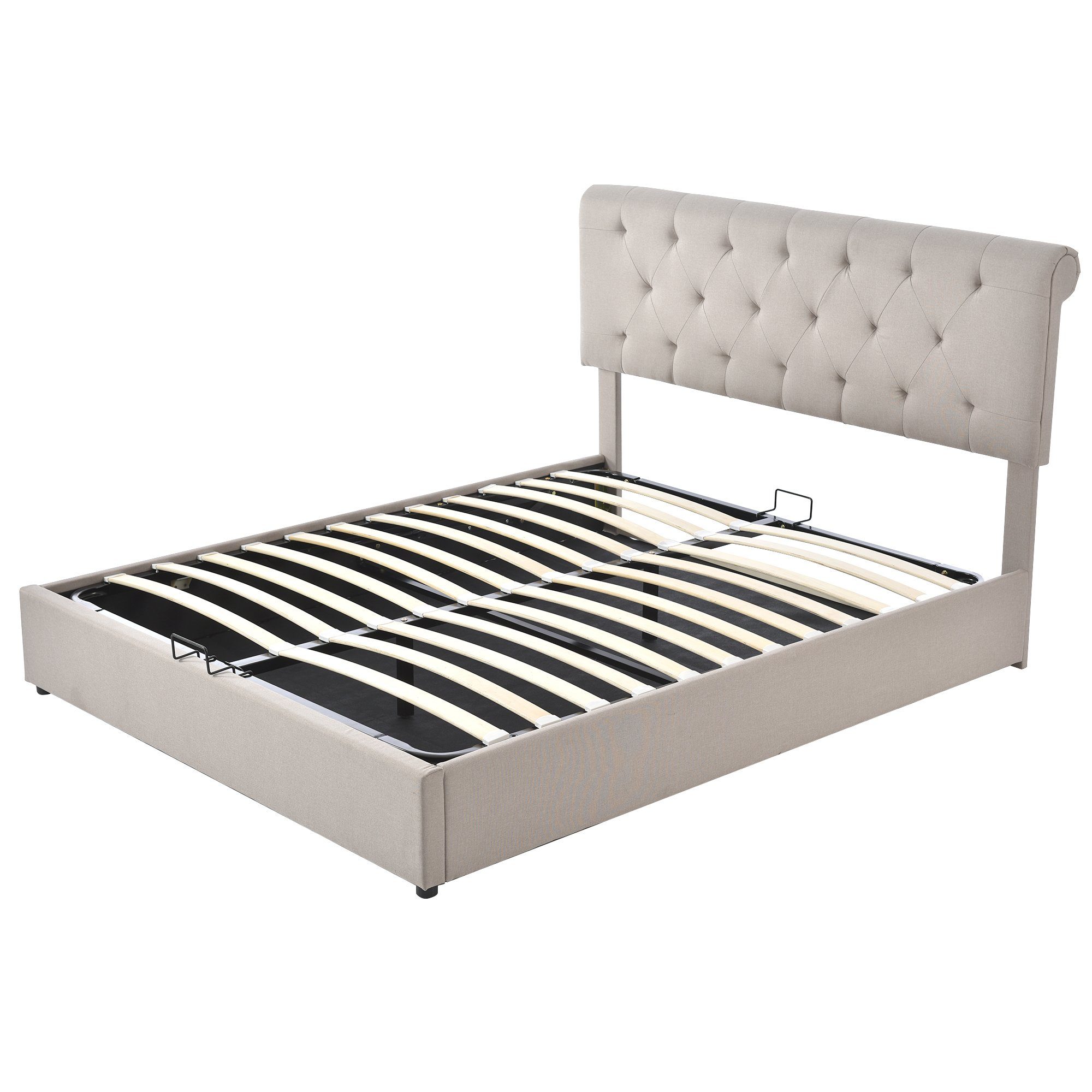 Boxspringbett (Polsterbett mit Lattenrost und Bettkasten, verstellbarem Kopfteil), 160x200 cm Hydraulisches Doppelbett, Bezug aus Leinen, Kiefernholz