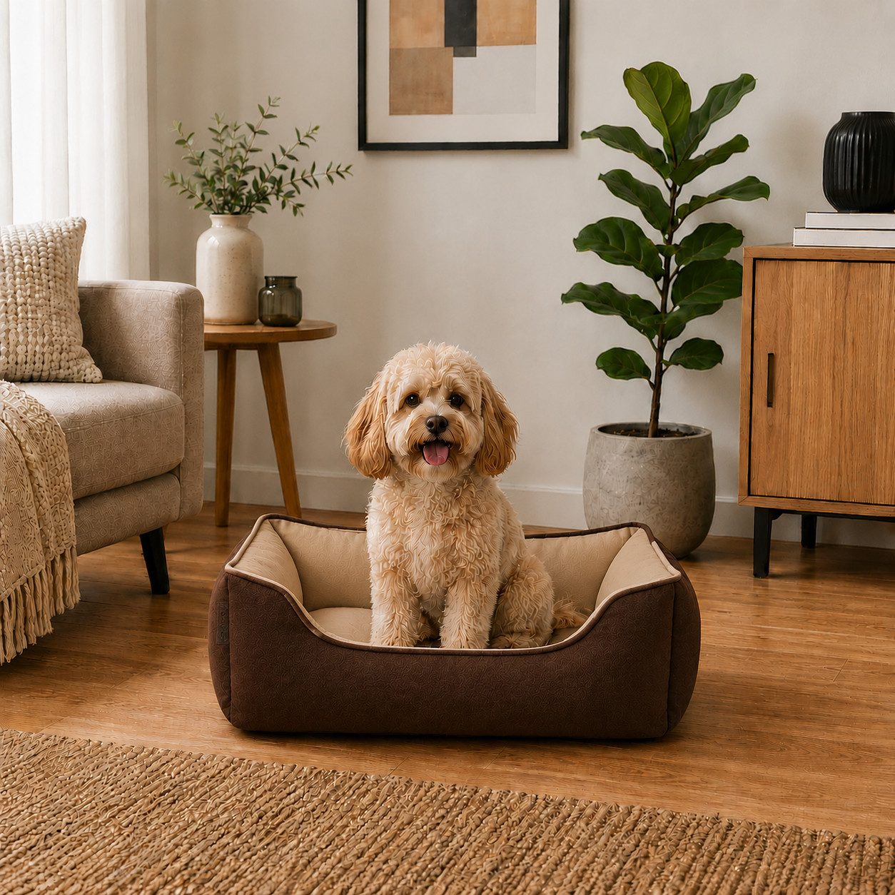 belviona Tierkissen weich gepolstert & pflegeleicht, 60x50 cm, braun/beige, Wildlederimitat, Wendbares Hundekörbchen mit 2-in-1 Funktion