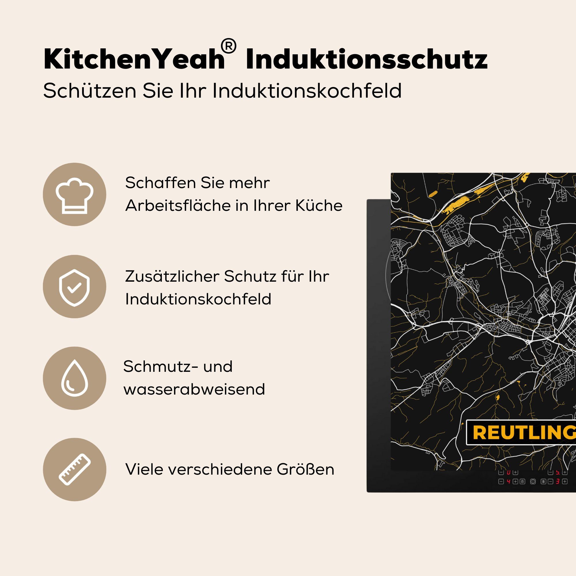 MuchoWow Herdblende-/Abdeckplatte Reutlingen cm, für 78x78 küche Karte Deutschland, tlg), - Arbeitsplatte Ceranfeldabdeckung, - - Vinyl, - (1 Gold Stadtplan