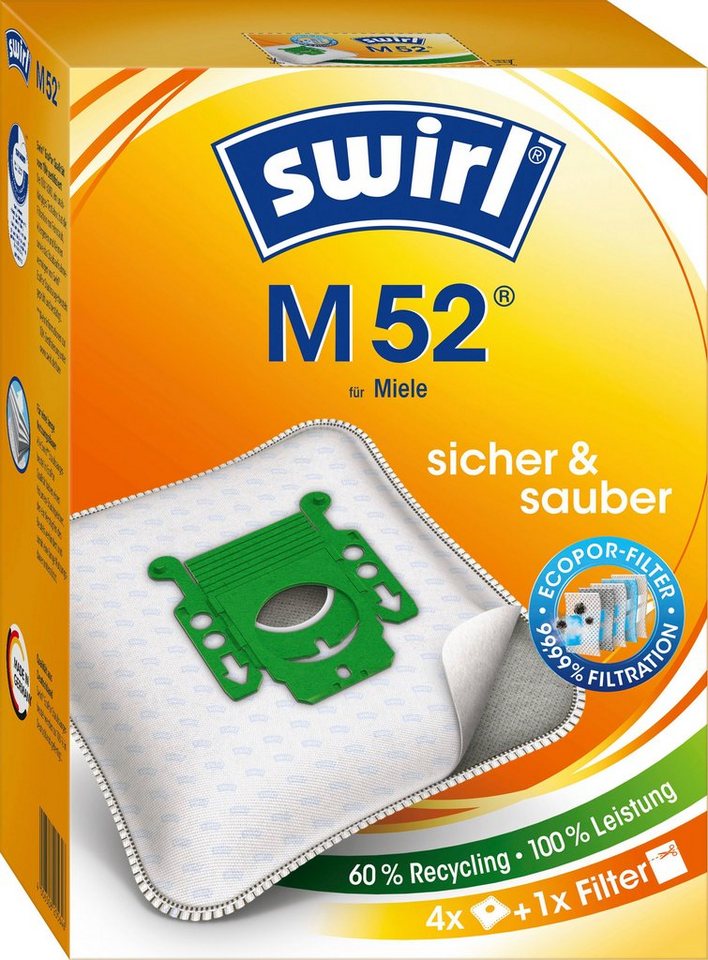 Swirl Staubsaugerbeutel M 52, passend für Miele, 4er- Pack, Filtert bis zu  99,99% des Hausstaubs & allergenen Feinstaubs