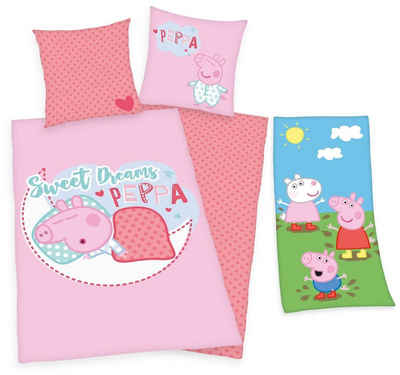 Kinderbettwäsche Herding Peppa Pig Wutz - Постільна білизна-Set, 135x200 und Handtuch, 75x150, Peppa Pig, Baumwolle, 100% Baumwolle