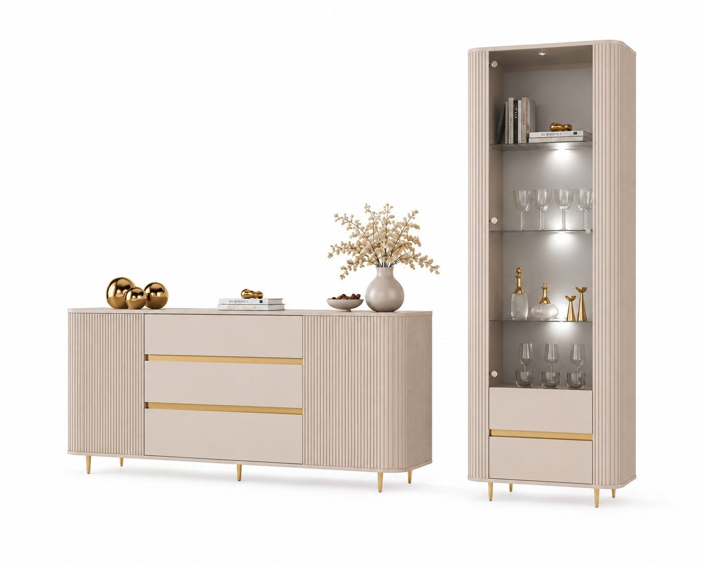 ALLHOUSE24 Wohnzimmer-Set MIRACLE II GOLD, Kommode, Vitrine, Sandbeige, LED, PUSH TO OPEN, (2-St., Das Set besteht aus: Kommode, Vitrine), Breite: Vitrine: 76 cm, Kommode: 180 cm