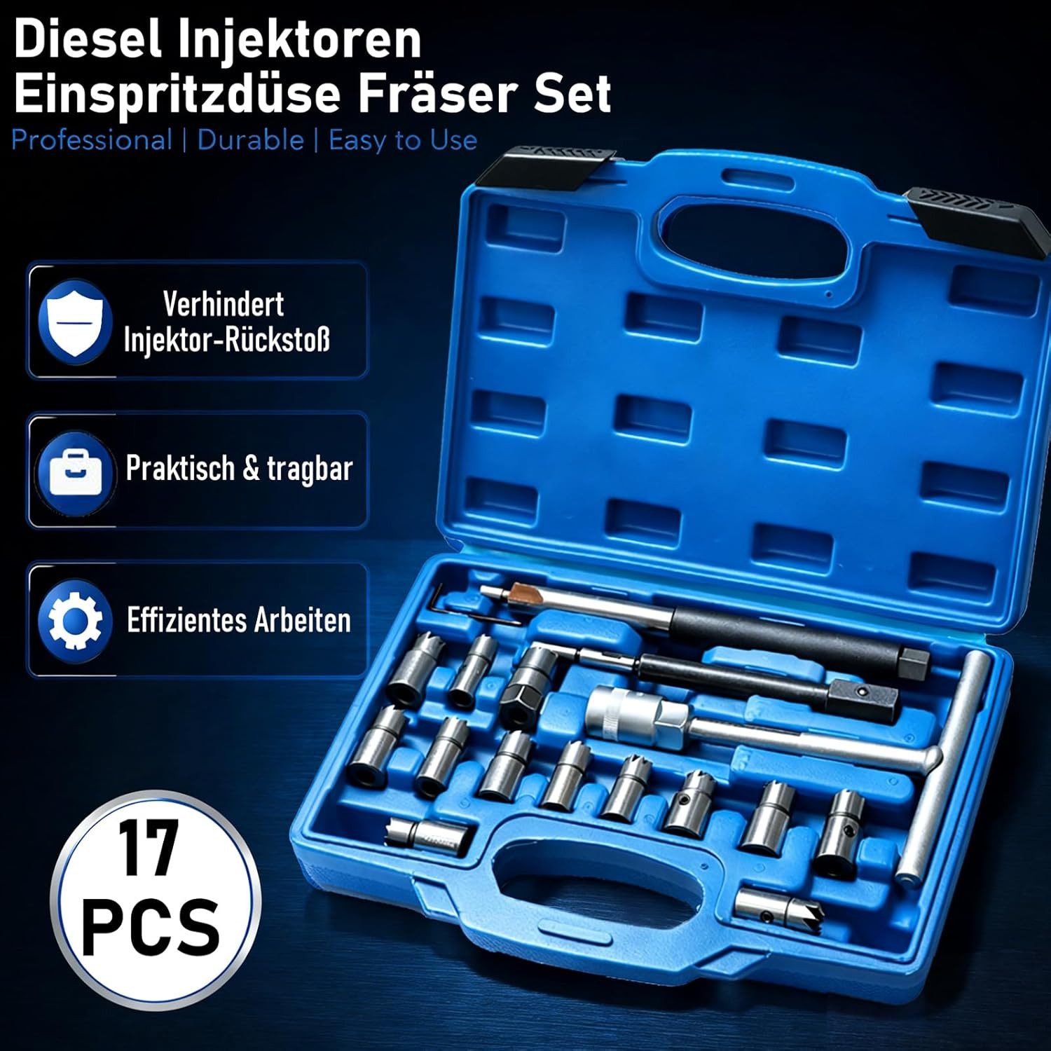 BlingBin Fräser-Set 17tlg Diesel Injektoren Dichtsitz Werkzeug Einspritzdüsen Dichtflächen, 17er Set, 17-tlg., 13 verschiedene Klingengrößen (15 mm, 17 mm, 18 mm, 20 mm), Nachschneidwerkzeug für Common Rail Dieselmotoren