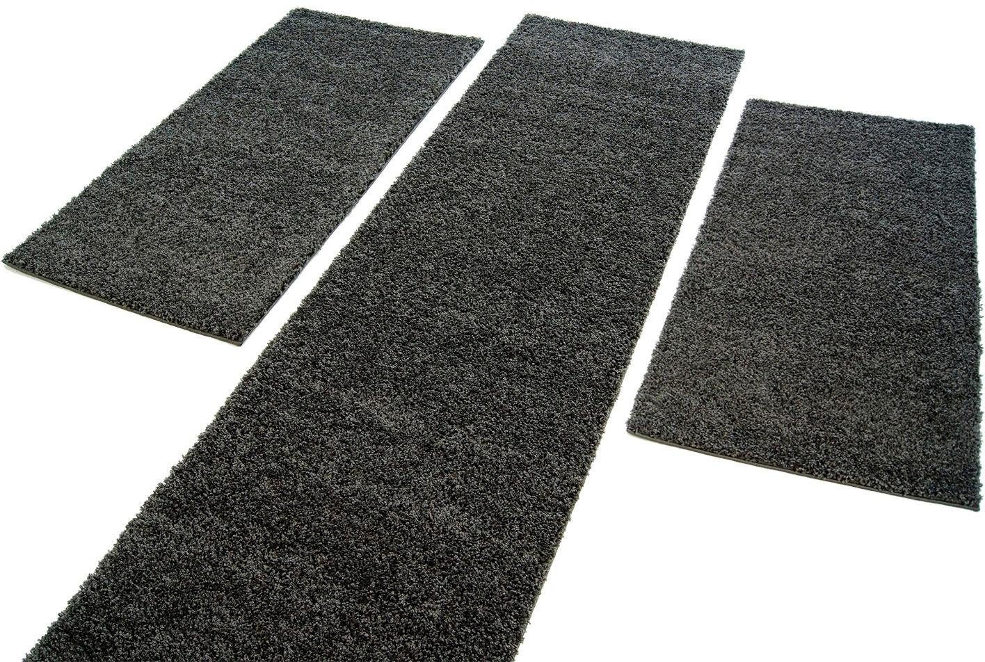 Carpet City Bettumrandung Shaggi uni 500, Höhe 30 mm, (3-tlg), Shaggy Bettvorleger, Uni-Farben, Läuferset Langflor, Weich