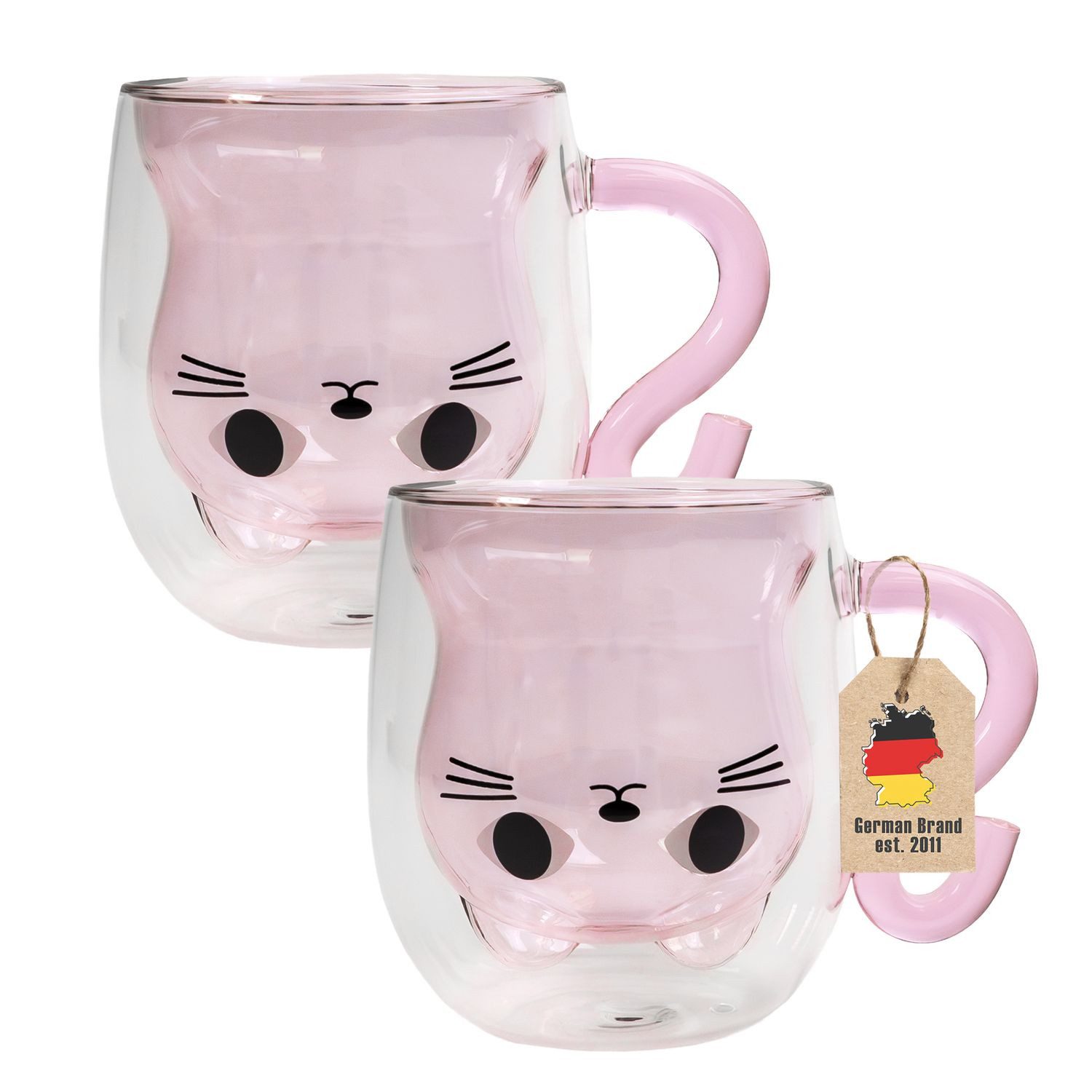 Intirilife Стекло-Set, Glas, Thermo Glas Doppelwandig 200ml Kaffeetasse Teetasse Katzendesign 2-tlg