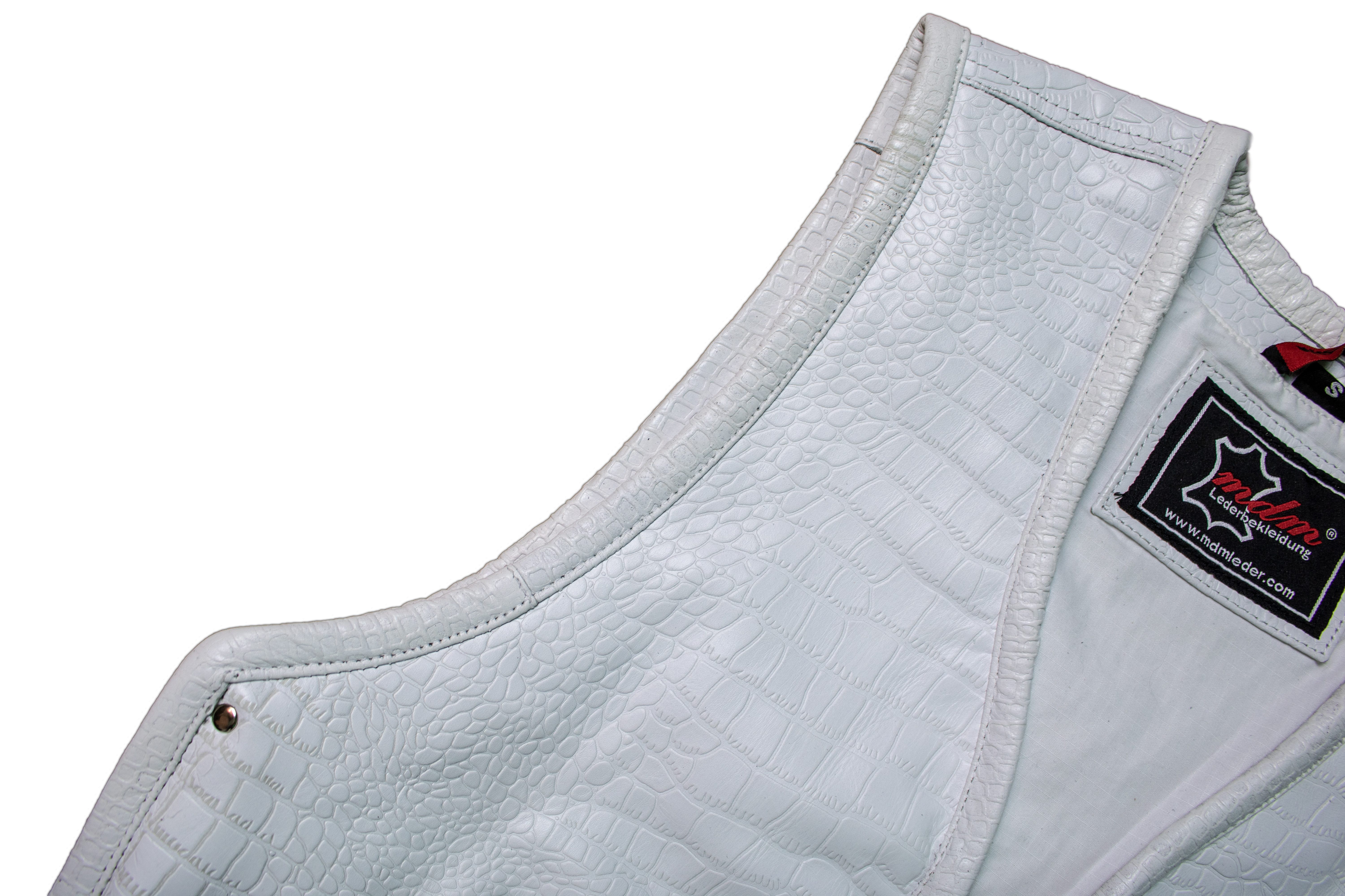 MDM Motorradweste Herren Biker Clubweste Weiß Croco Look, Echtleder ohne Rückennaht (Biker Lederweste Kutte in Weiß) Croco Look, ohne Rückennaht, erweiterbar, ideal für Patches