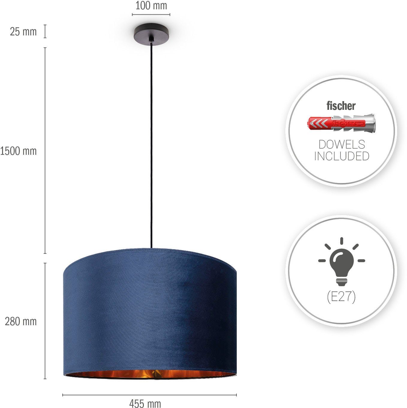 Kabel Lampenschirm 1,5m uni Deko Wohnzimmer Leuchtmittel, Paco Unifarben Hugo Velour Color, aus ohne Pendelleuchte E27 Home