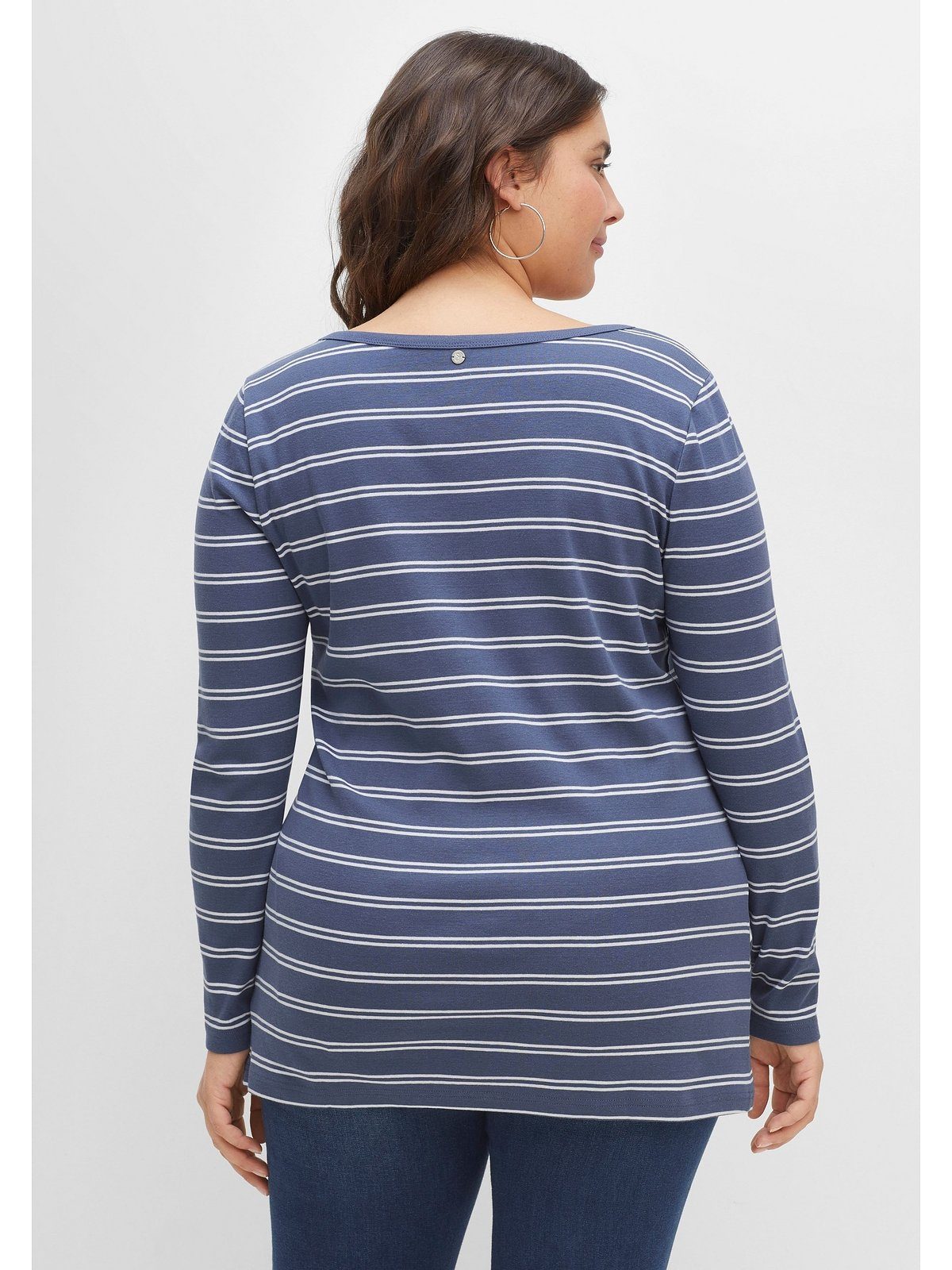 Langarmshirt mit Rippqualität in Große indigo-weiß Streifen, Sheego Größen