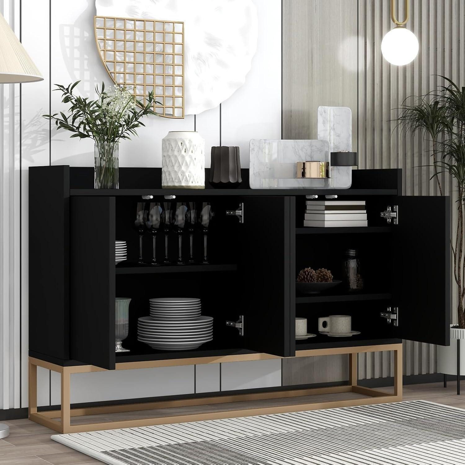 LuxusKollektion Sideboard Sideboard Aufbewahrung Metallbeine Regale 120x30x80cm Schwarz 4 Türen