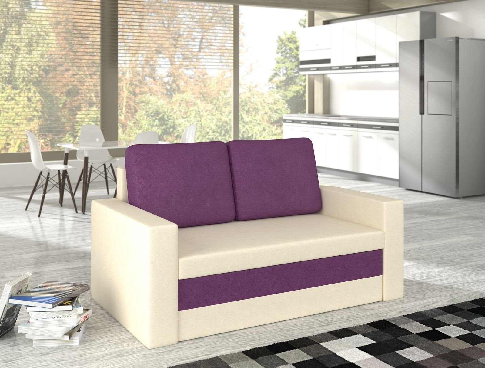 JVmoebel Sofa, Design Sofa Wave 3 Sitzer Bettfunktion Couch Polster Schlafsofa Weiß / Lila