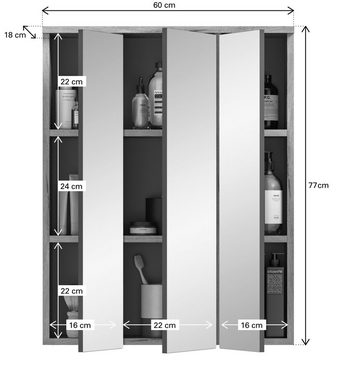 furnling Badezimmerspiegelschrank Moskau 60 x 77 x 18 cm, in Eiche mit Softclose-Funktion, Spiegelschrank Bad