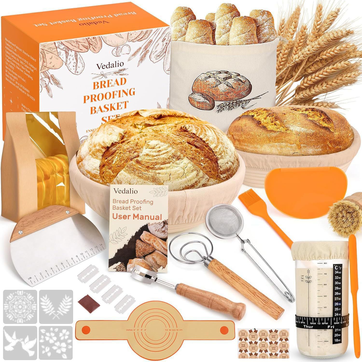 HEYHIPPO Gärkorb Brot-Gärset 37-teilig, Brotbackzubehör, Brotbackwerkzeuge, Gärkörbchen, (37-tlg), Brotbackwerkzeug-Set,Brotschaber,wiederverwendbar,ergonomisches Design