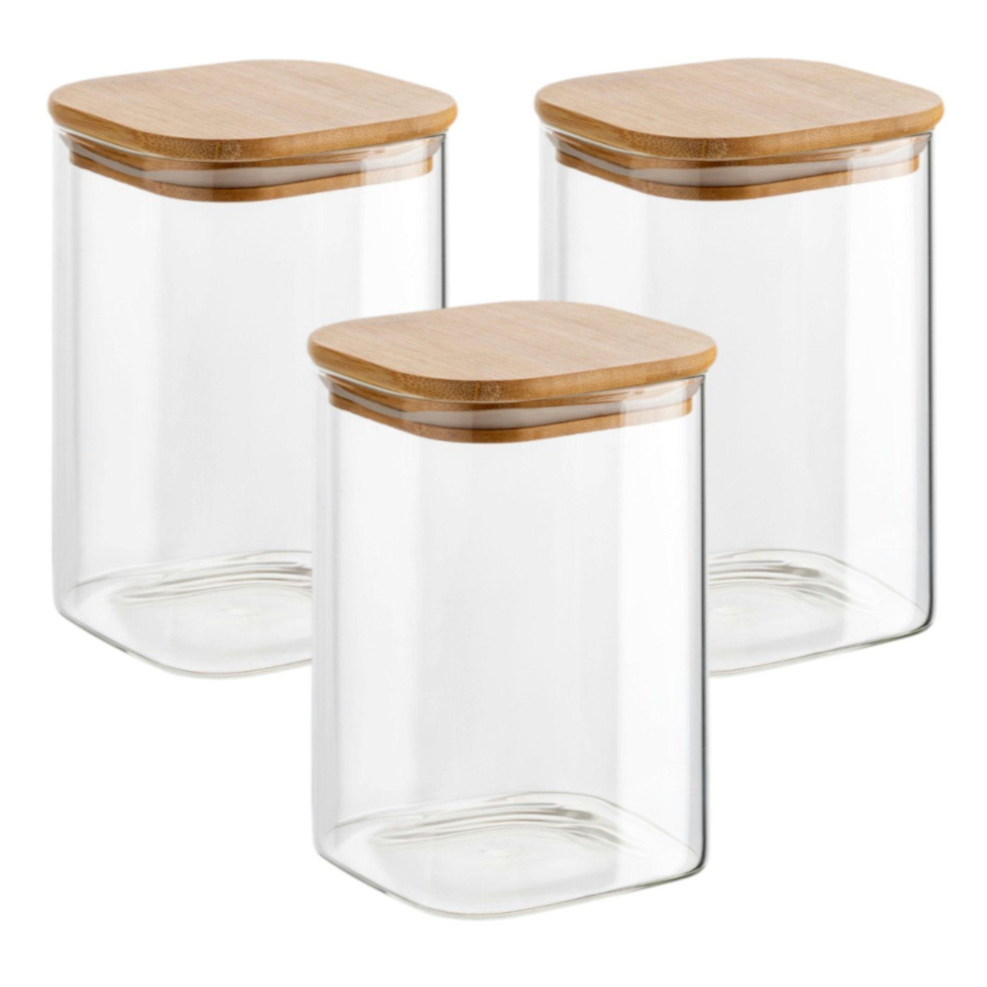 gouveo Vorratsglas Vorratsgläser aus Borosilikatglas Quadrat mit Bambus-Deckel, (3-tlg., 500 ml)
