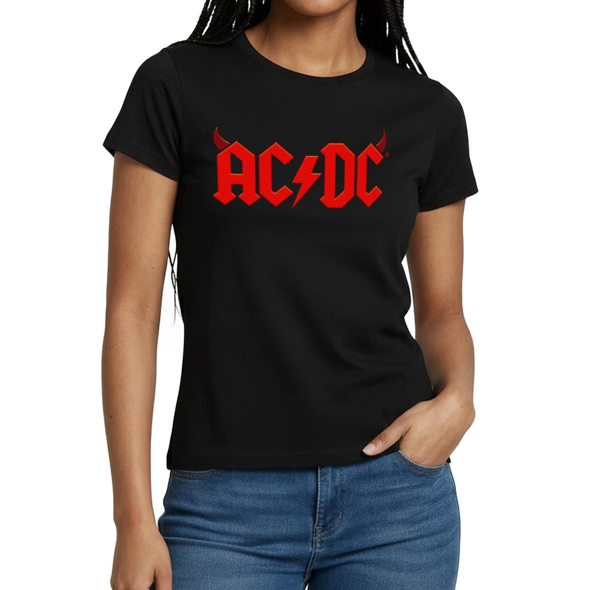 Spreadshirt T-Shirt AC/DC Rotes Logo Mit Teufelshörnern Und Blitz Frauen T-Shirt (1-tlg)