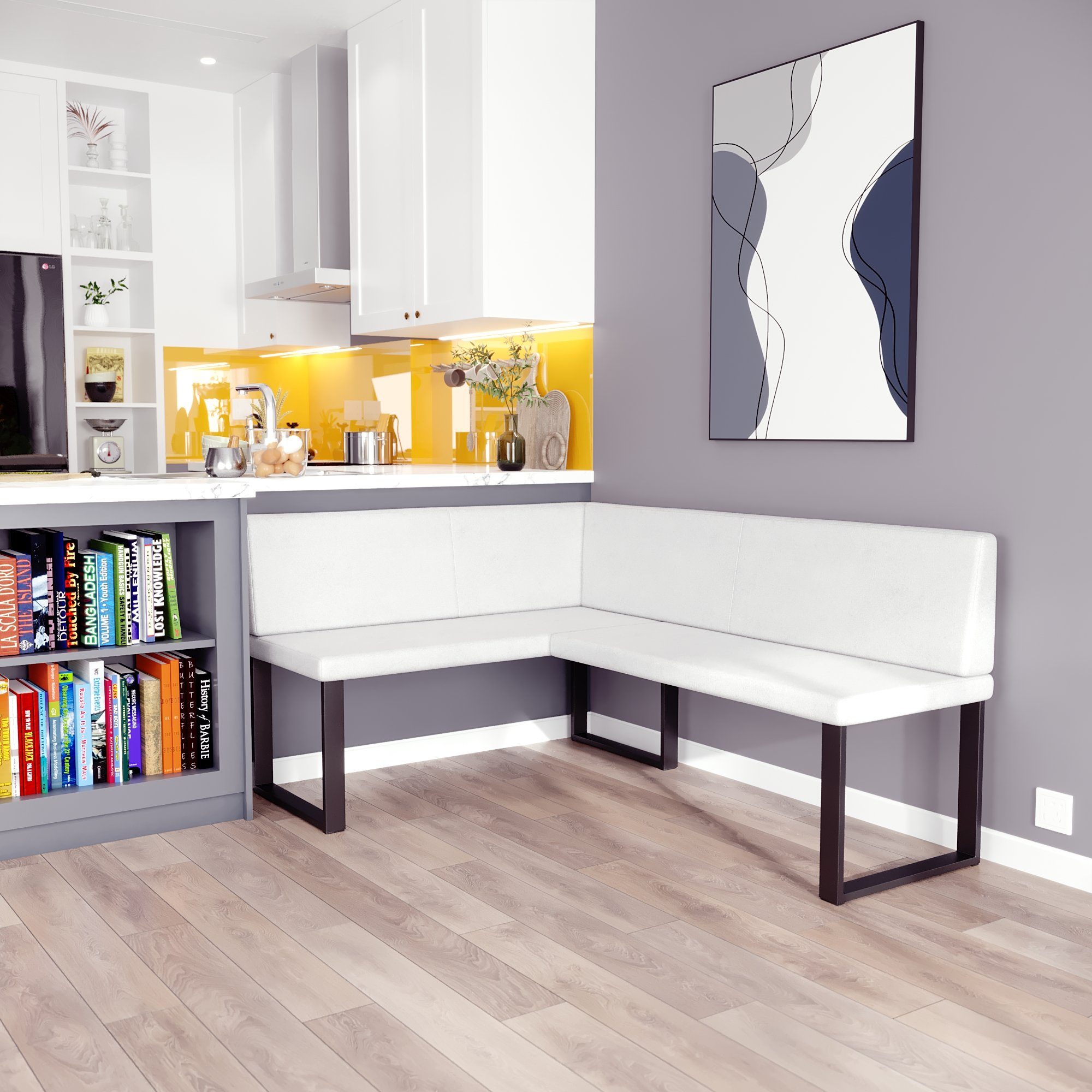 sofa4you Eckbank ALINA Metall, perfekt für Küche, Esszimmer, Wohnzimmer. Zwei Größen 128x168/142x196 weiß