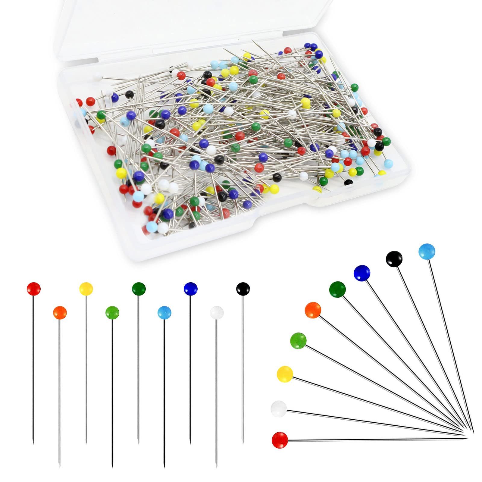 FOUORTUNATE-BEE Stecknadeln 300 bunte Stecknadeln 38 mm mit Kopf, Nähzubehör Box, Glaskopf Nadeln für Nähen, Quilten & Basteln