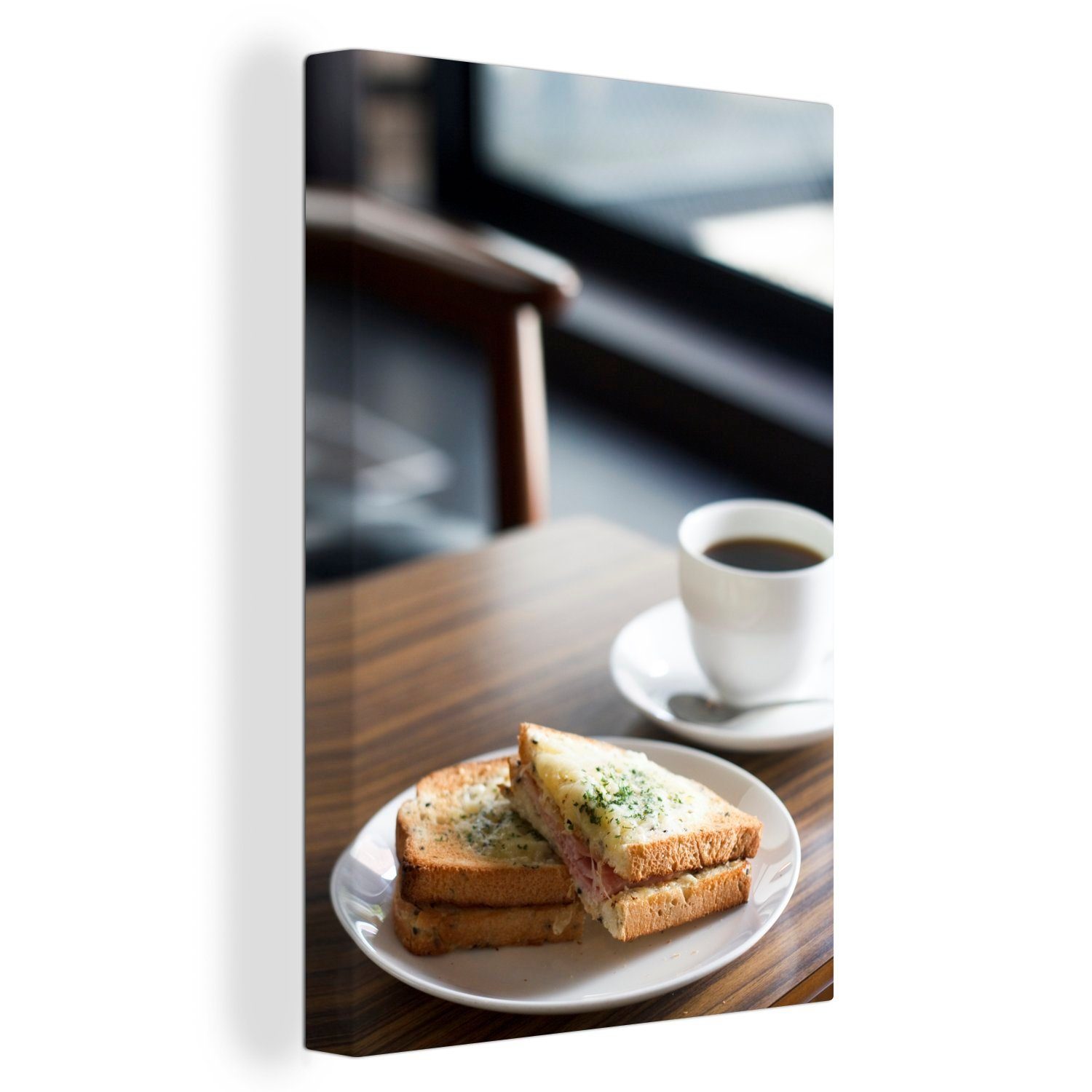 OneMillionCanvasses® Leinwandbild Toast mit Kaffee zum Frühstück, (1 St), Leinwandbild fertig bespannt inkl. Zackenaufhänger, Gemälde, 20x30 cm