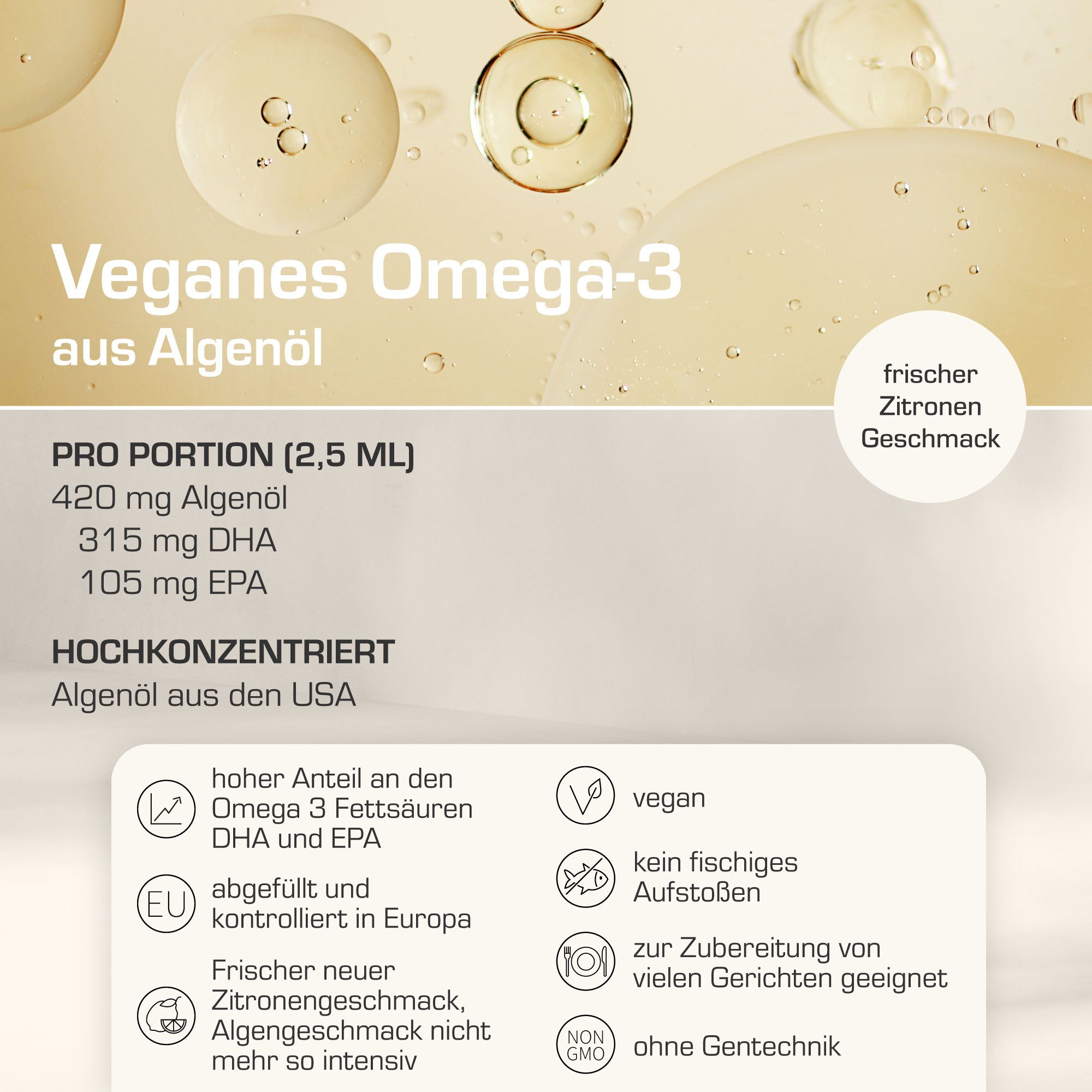 Purabyo Omega-3 Algenöl flüssig, 420 mg Omega -3, natürliches Zitronen-Aroma Flüssigkeit zum Einnehmen, 100 ml