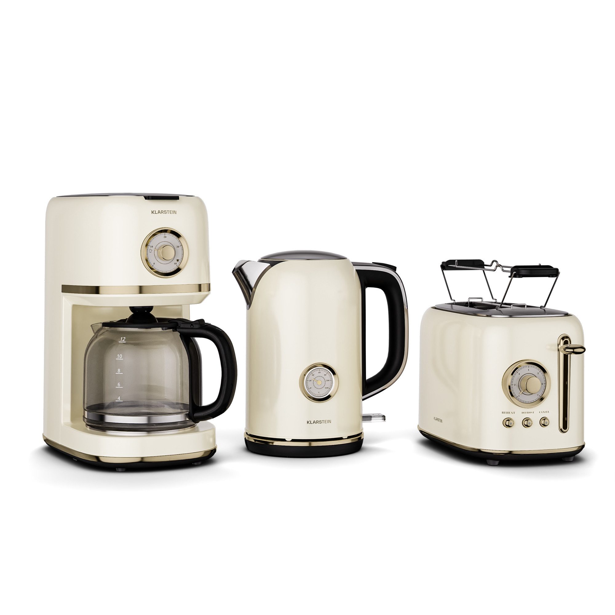 Klarstein Frühstücks-Set Victoria (4-tlg), Toaster 800W Wasserkocher 1,7 L 2200W Kaffeemaschinen 900W Creme