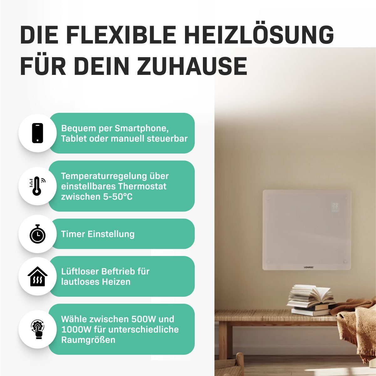 VONROC Heizkörper Elektroheizung in Varianten für 12 bis 30qm Räume, Elektrische Konvektorheizung 2 stufig - Manuelle/App Steuerung