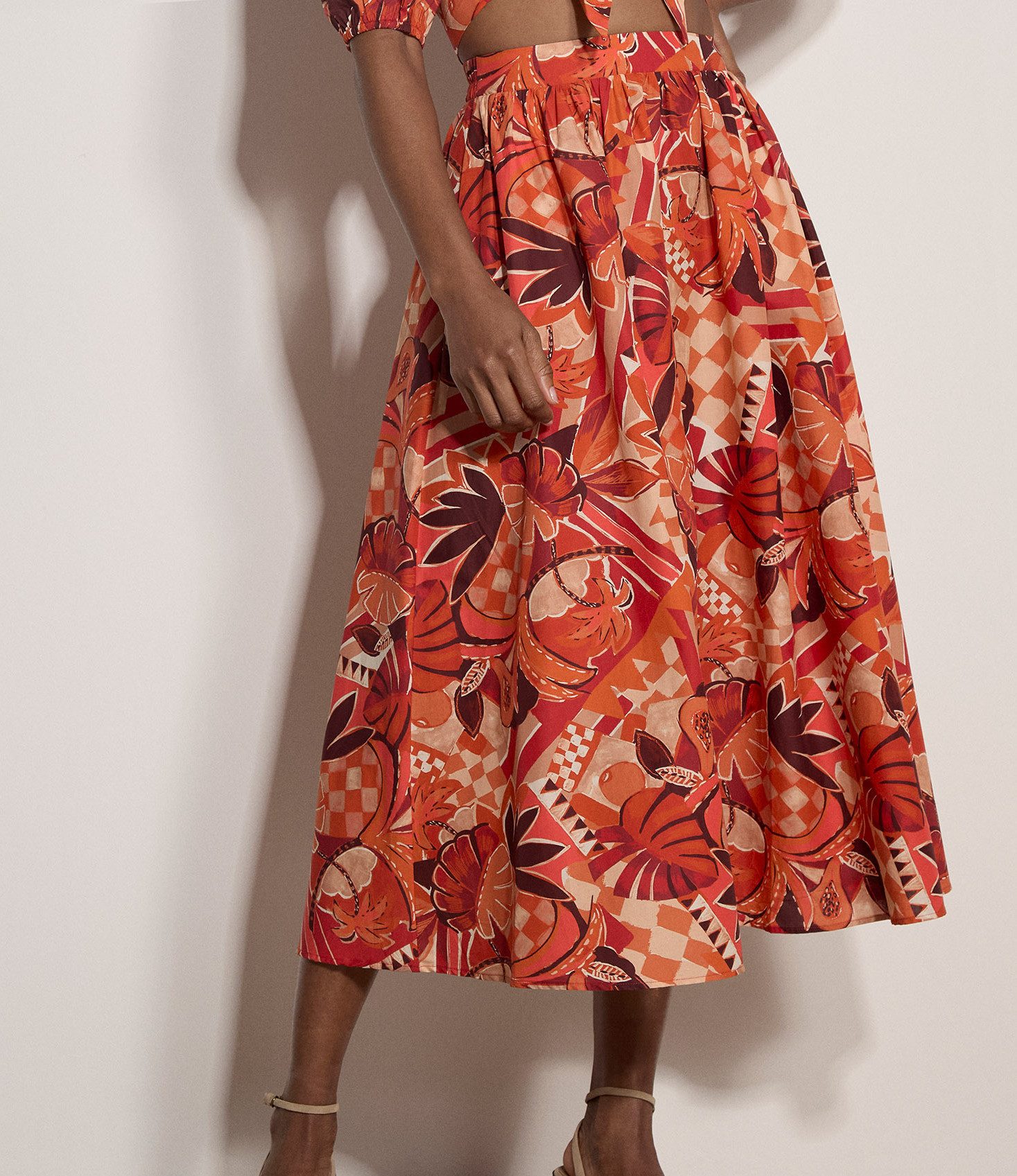Apricot Midirock Midirock mit tropischem Blatt-Patchwork und elastischem Bund