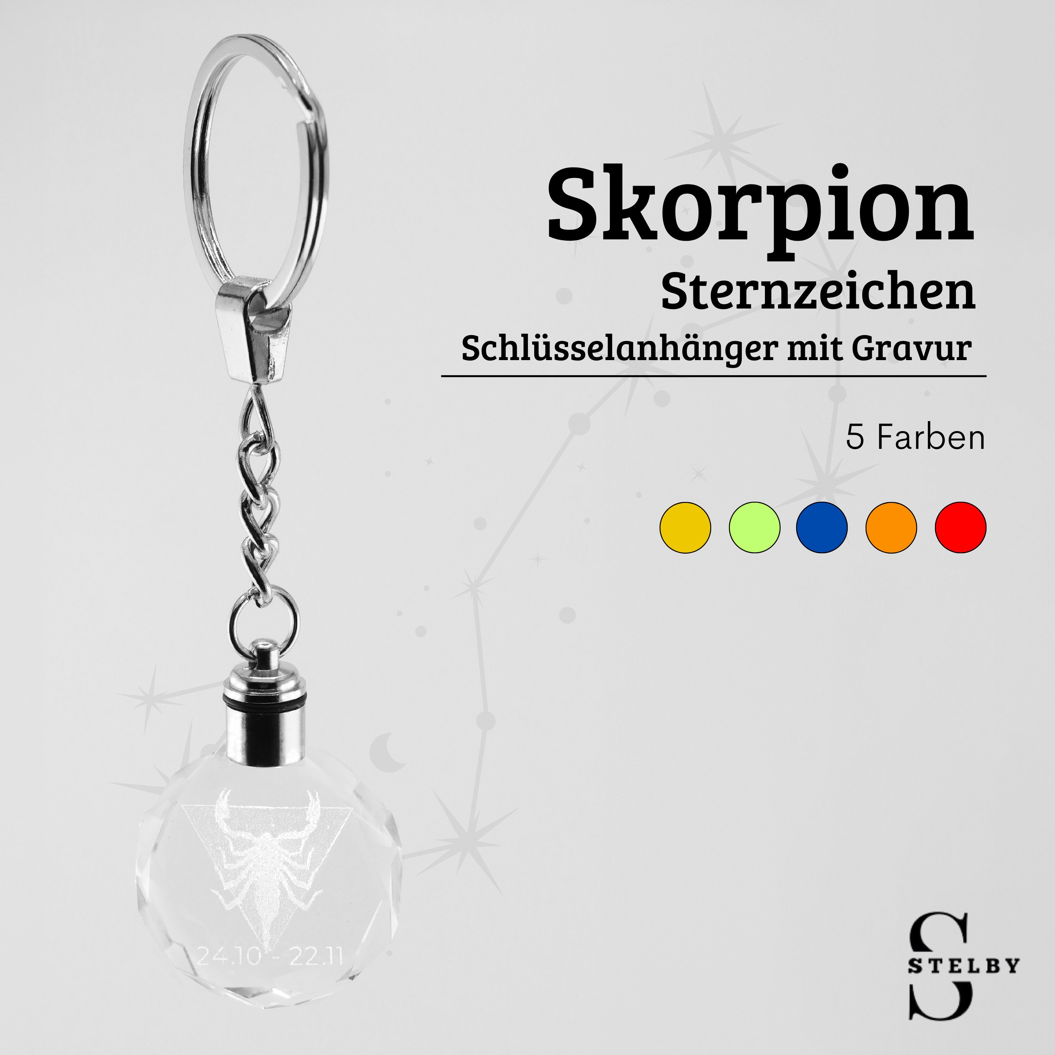 Stelby Schlüsselanhänger Skorpion Sternzeichen Schlüsselanhänger LED Multicolor mit Geschenkbox (Perfekt für Geburtstage und Weihnachten, Robustes Glasmaterial, leuchtet in 5 Farben), Farbwechsel, langlebig, modernes Design