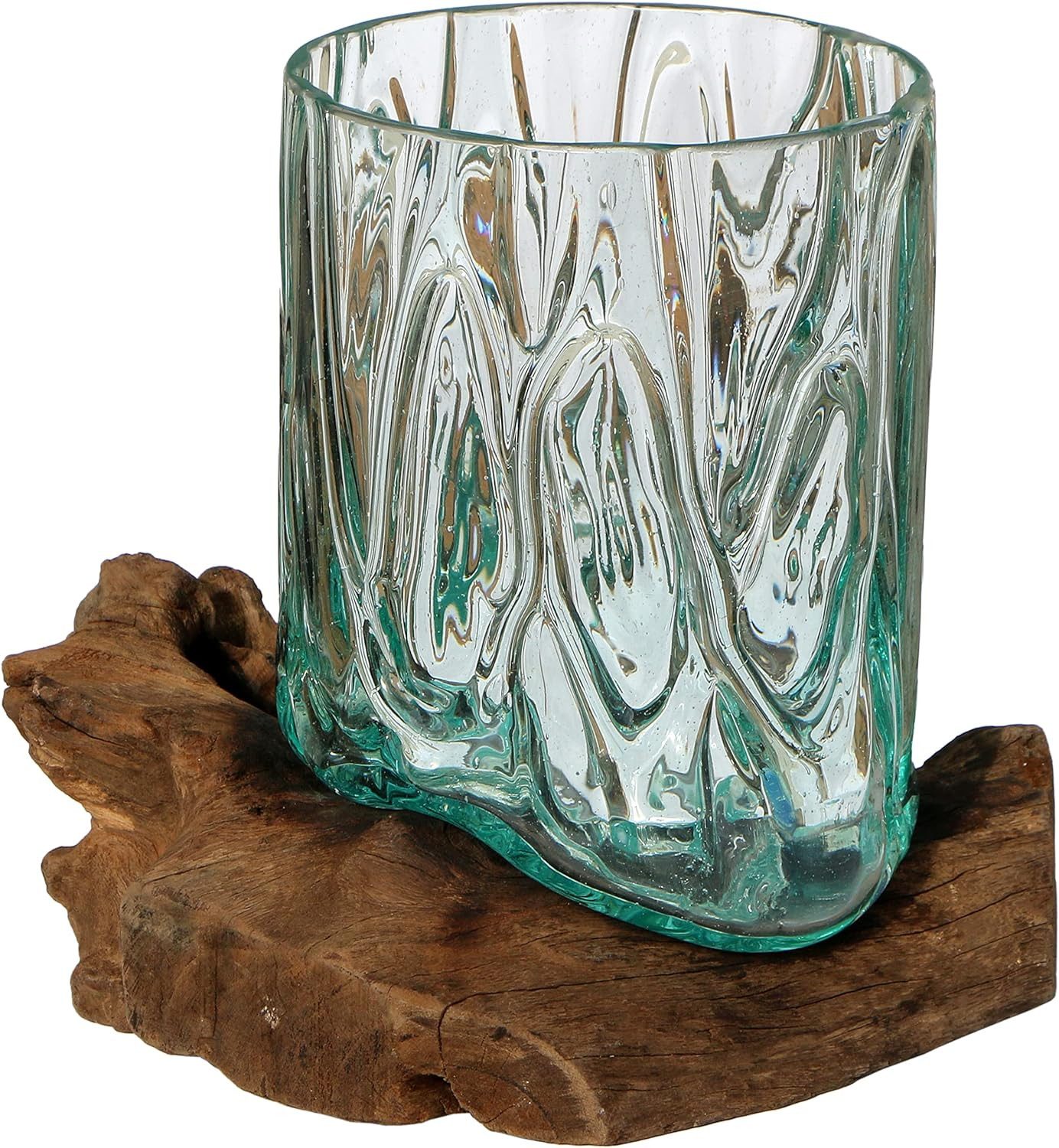 Wogeka Dekovase Glas-Vase "Gloria" auf Wurzel-Holz Ø Glas 15-16 cm Teakholz Gamal