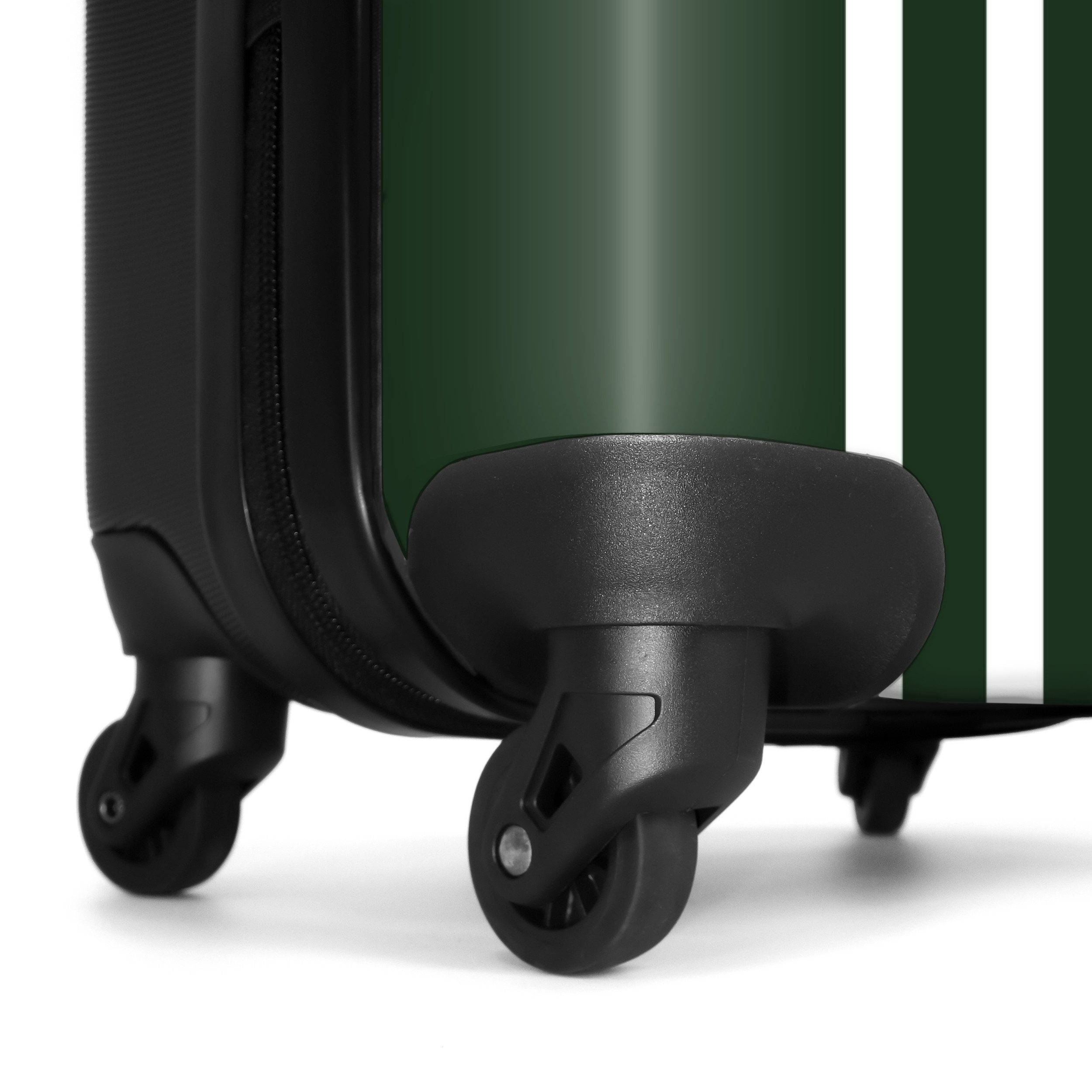 NoBoringSuitcases.com© Hartschalen-Trolley Dunkelgrüner Hintergrund mit doppelten weißen Seitenstreifen auf der l, 4 Rollen, Reisetasche mit Rollen, Koffer Handgepäck Flugzeug