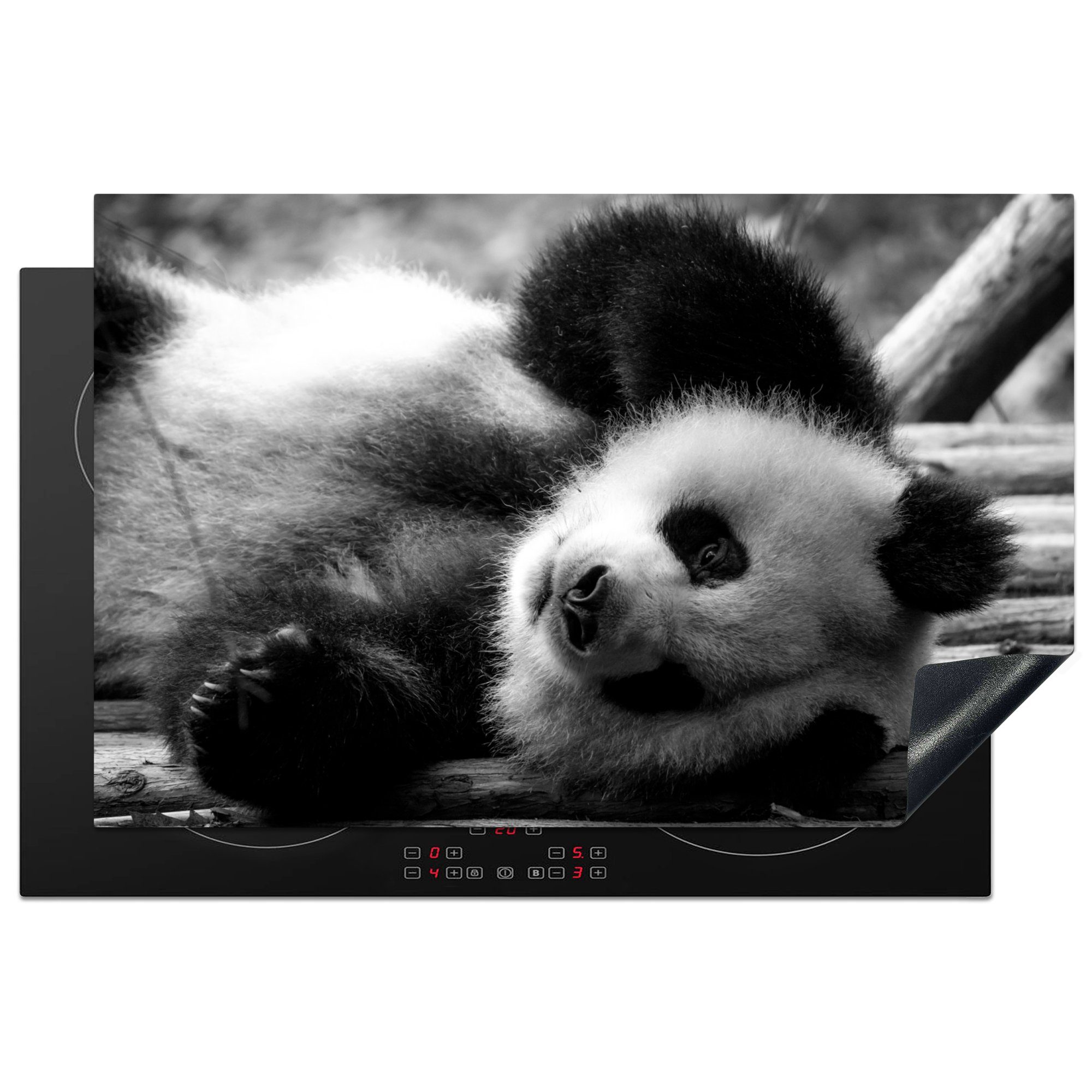 schwarz Panda tlg), (1 und Induktionskochfeld für Herdblende-/Abdeckplatte küche, Vinyl, rollenden weiß, Ceranfeldabdeckung 81x52 MuchoWow Schutz Tierprofil cm, in die