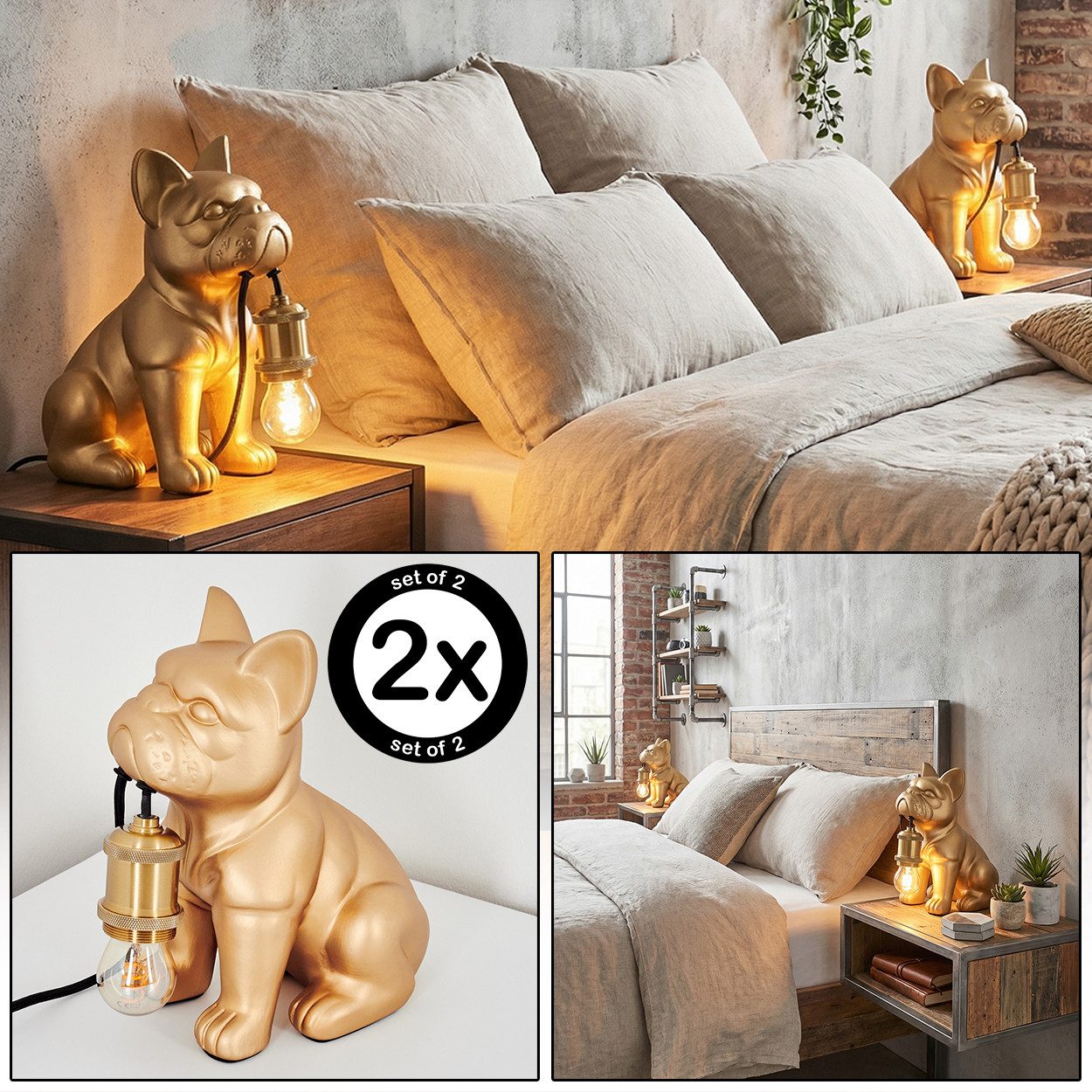 hofstein Tischleuchte 2-er Set Tischlampe Hund aus Keramik/Metall in Gold-/Kupferfarben, Tischleuchte im Vintage-Design, Schalter am Kabel, Höhe 24 cm, E27