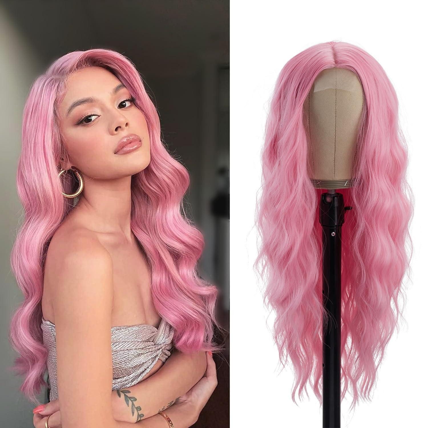 LuxusKollektion Kunsthaarperücke Perücke 66cm Mittelscheitel Locken Synthetik Frauen Party Rosa