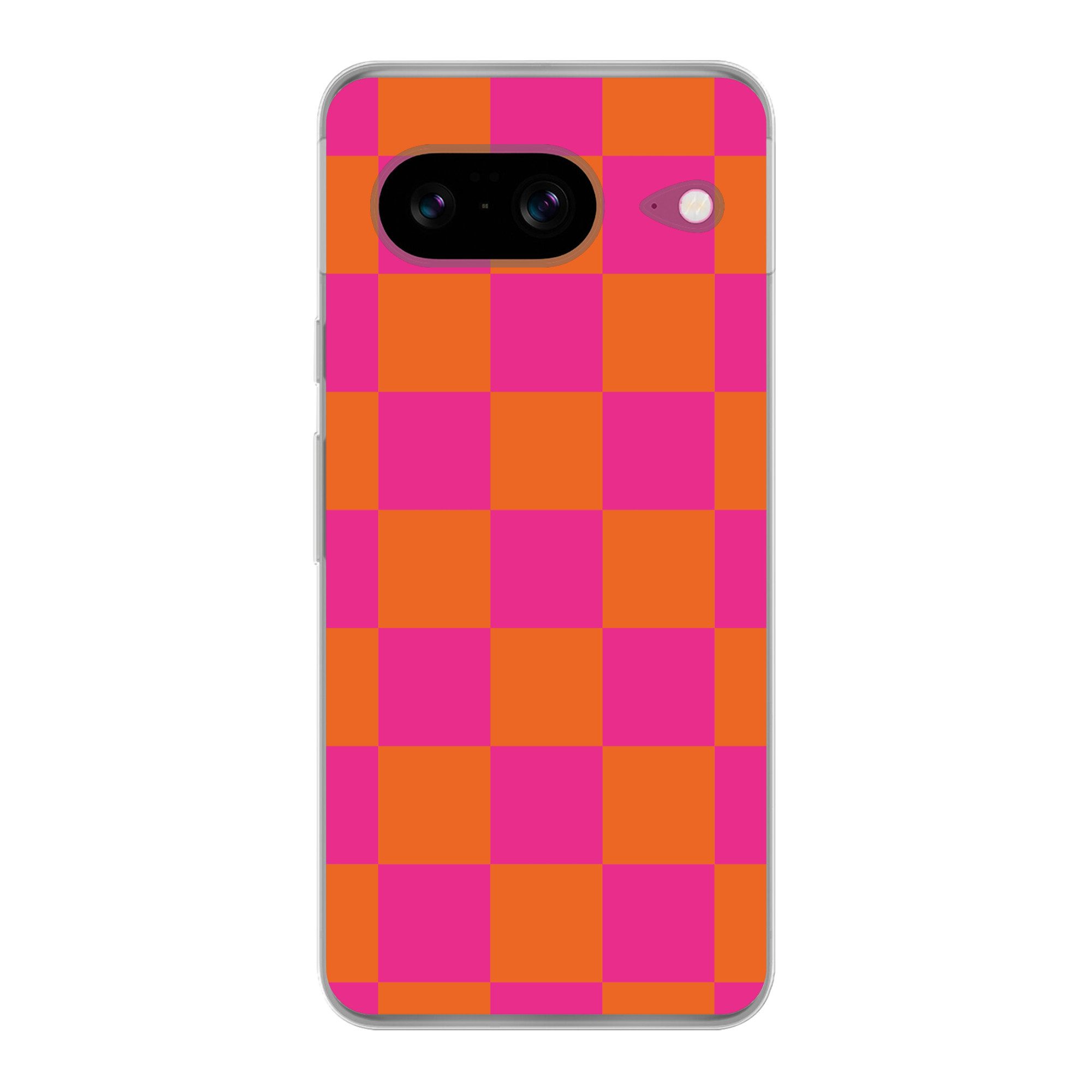 MuchoWow Handyhülle für Google Pixel 8 Schachbrettmuster - Orange - Rosa - Blöcke, Handy Case, Silikon, Bumper Case Dünn