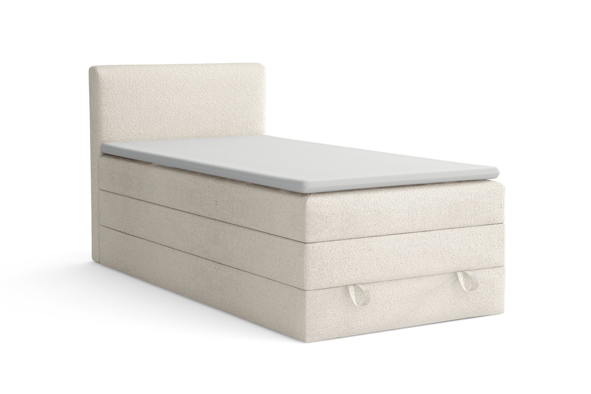 Deine Möbel 24 Boxspringbett JUNG LUX mit Bettkasten und Bouclé-Bezug, inkl. Topper (Jugendbett Einzelbett Polsterbett, 1-St., Farben: Weiß, Creme, Hellgrau, Grau, Schwarz), Größen: 90x200, 100x200, 120x200