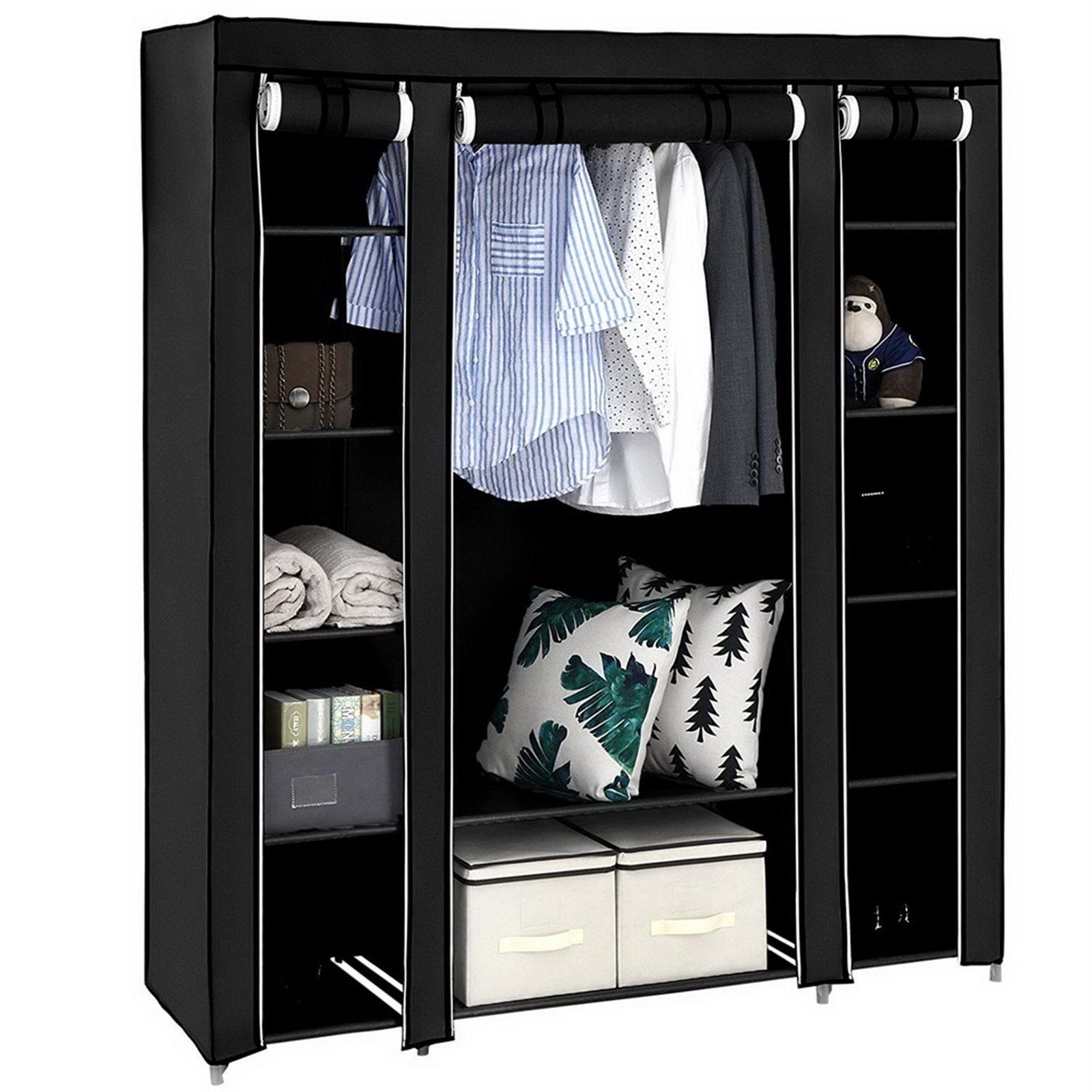 MDHAND Kleiderschrank Stoffschrank, mit Kleiderstange und Ablagen,150x45x175 cm Schwarz