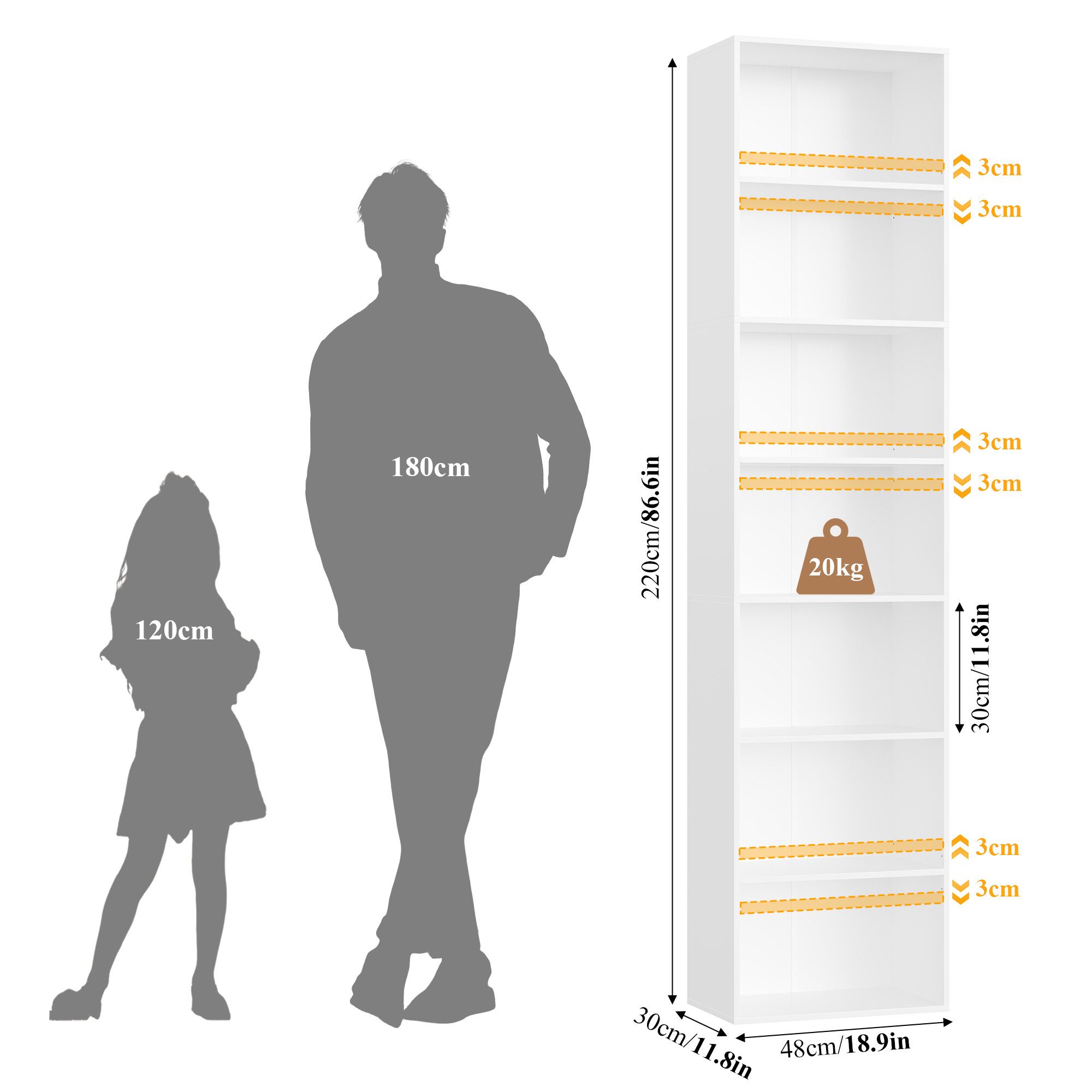Homfa Bücherregal Regal mit 7 Fächern, 220cm Bücherschrank Standregal, verstellbare Ablagen