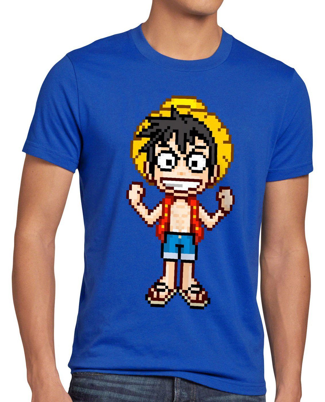 style3 Print-Shirt Herren T-Shirt Pixel Luffy piece strohhut pirat one sanji anime manga ruffy neu blau
