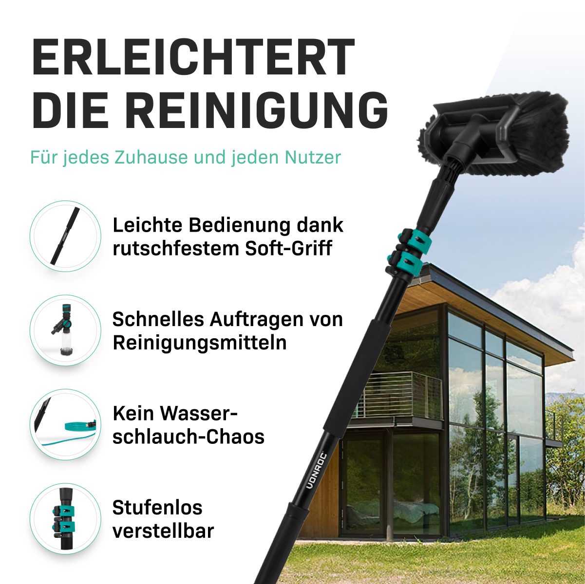 VONROC Reinigungsbürste Teleskop Waschbürste mit Teleskopstiel, Reinigung für Fenster, Terrassendach, Solaranlage, (Packung), Integrierter Wasserschlauch, Stufenlos verstellbar