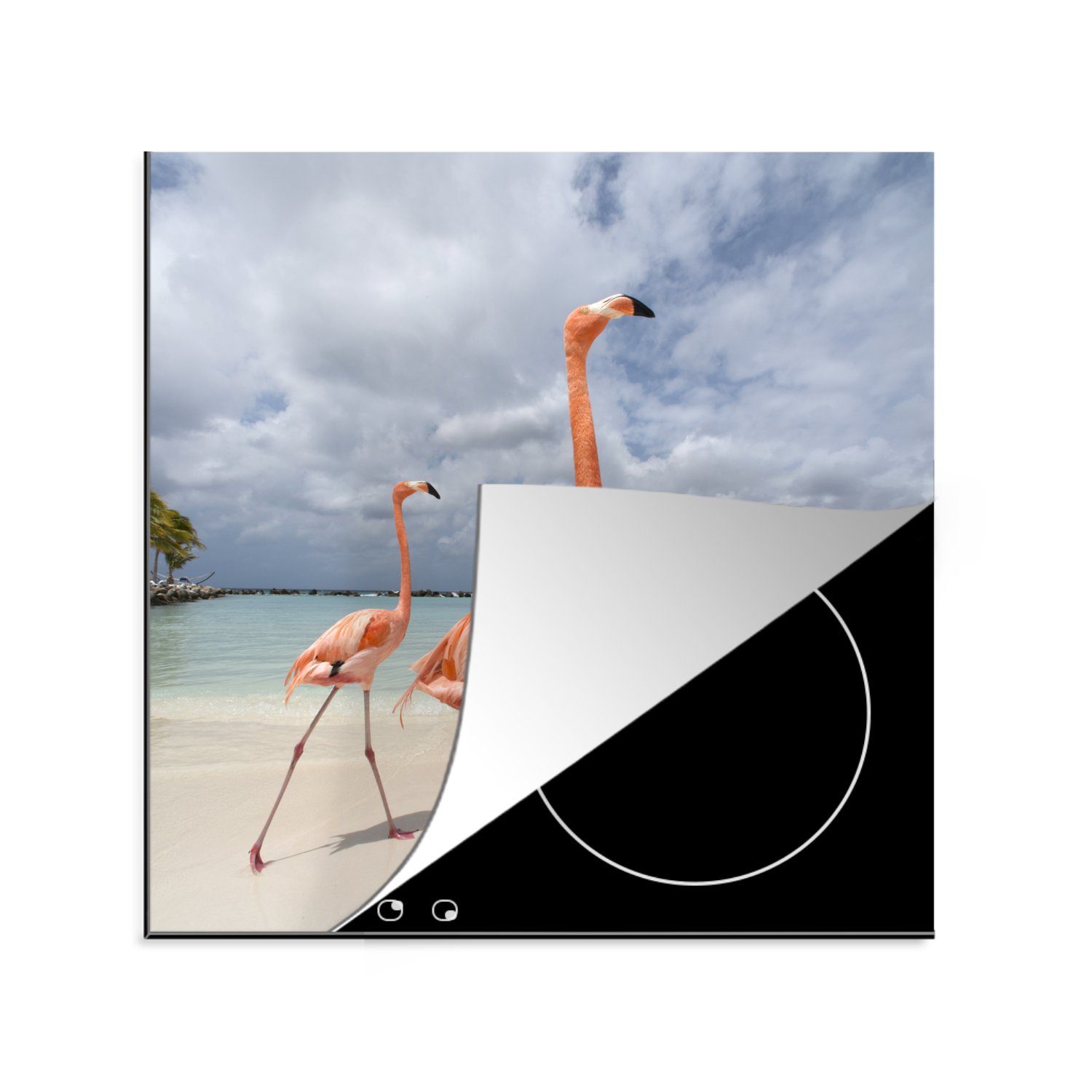 Flamingos 78x78 für MuchoWow cm, am küche Strand, (1 spazieren tlg), Arbeitsplatte stolze Herdblende-/Abdeckplatte Zwei Ceranfeldabdeckung, Vinyl,