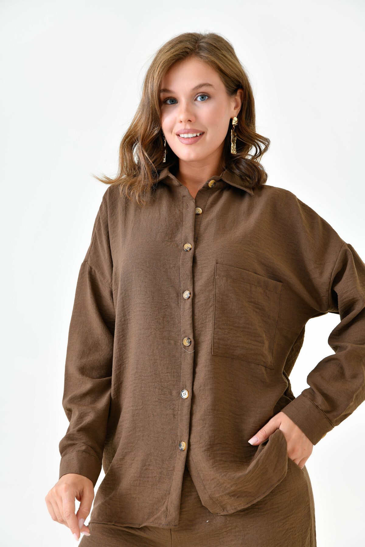 WOMAN VISION Blusentop Zweiteiliges Oversize-Set aus Hemd und Hose mit einer Tasche
