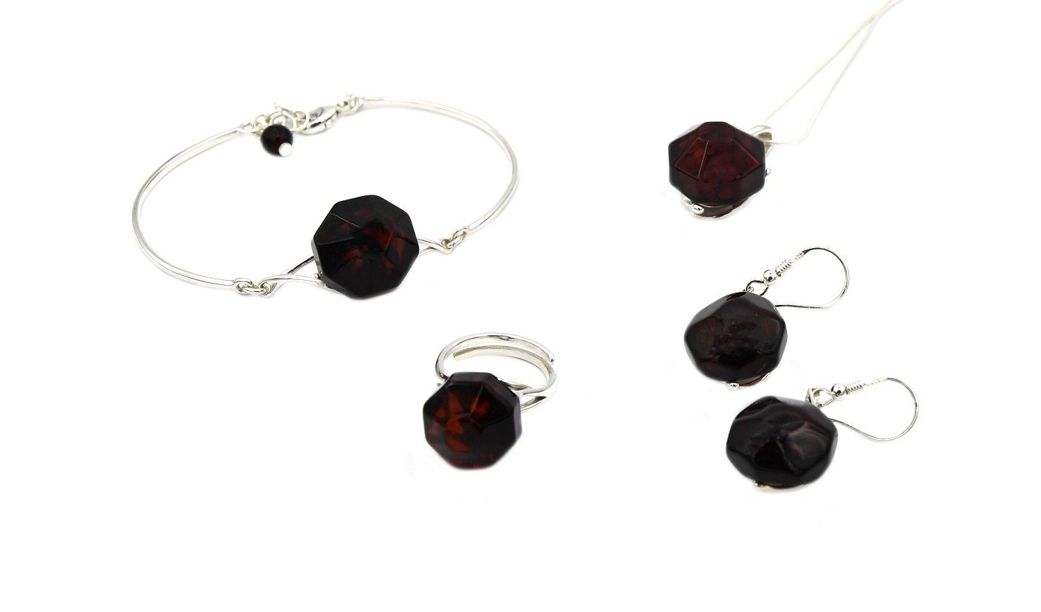 MyBer® Schmuckset Halskette Pendant Armband Ohrringe Ring Bernstein Naturschmuck (6-tlg), Edles Schmuckset Seltene Bernsteinfarbe Weinrot PMBER36