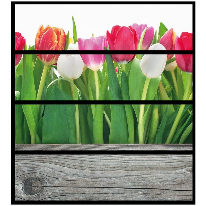 Wallario Möbelfolie Rote weiße und pinke Tulpen im Frühling