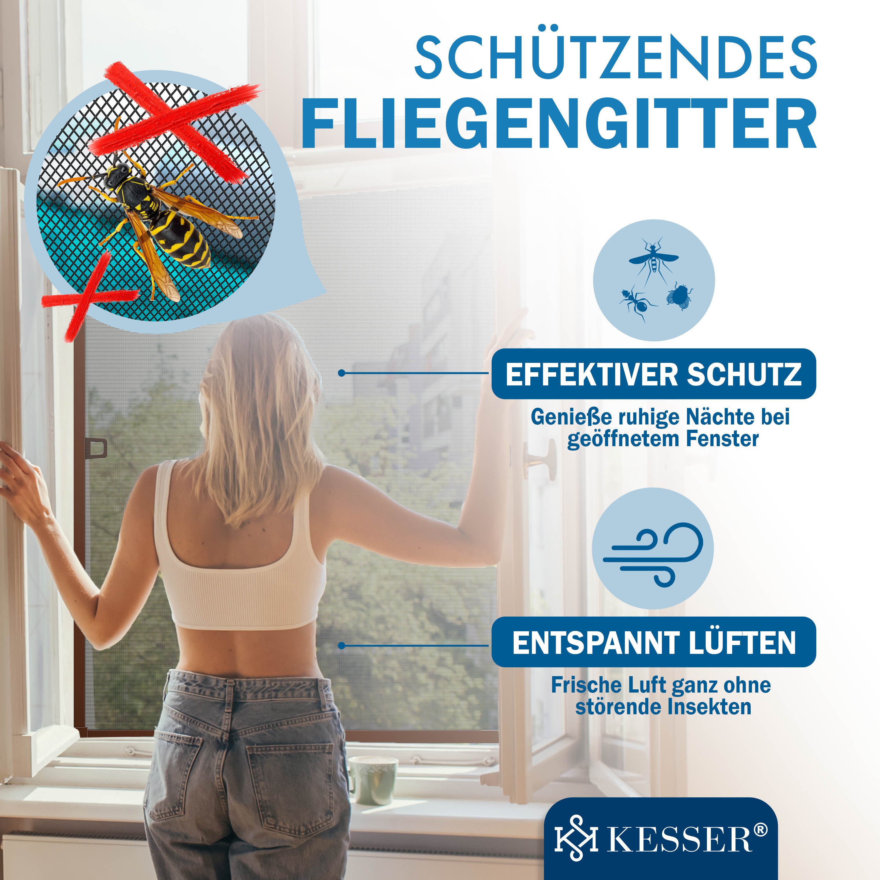 KESSER Insektenschutz-Fensterrahmen Fliegenschutzgitter für Fenster mit Aluminium Rahmen Fliegengitter, Mückengitter, Moskitonetz, Spannrahmen, ohne Bohren und Schrauben