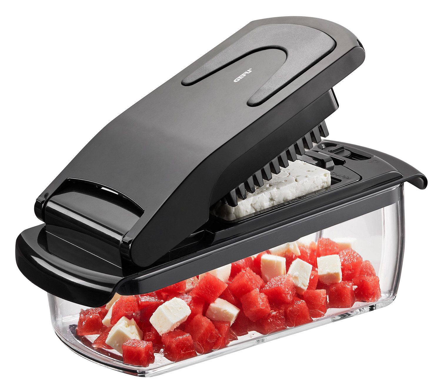 GEFU Zerkleinerer Würfel- und Stifteschneider + 3 Schneidgitter, Aufbewahrungsdeckel und Reinigungskamm inklusive