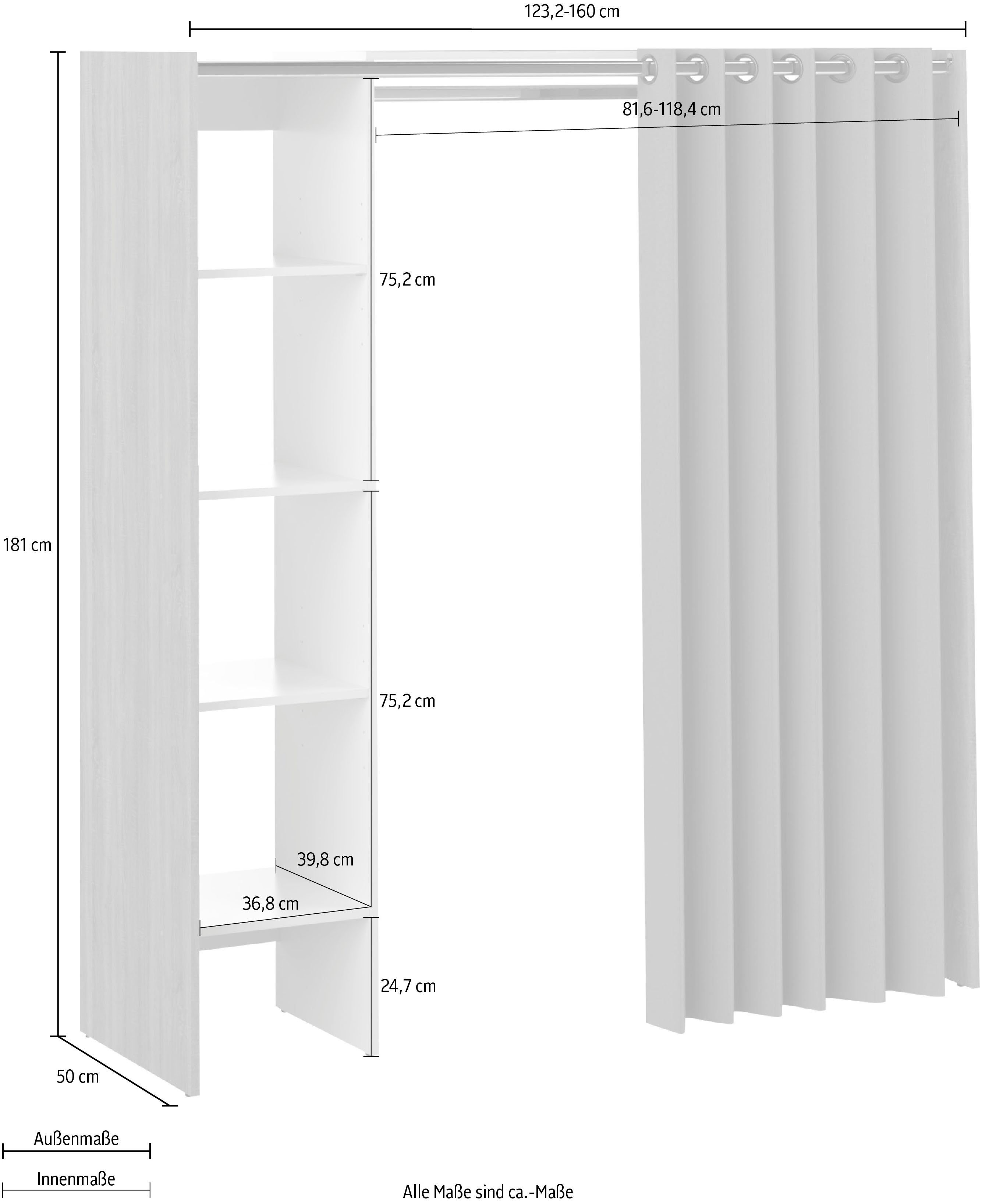 181 Vorhang viele Fächer, cm eichefarben/weiß/grau Kleiderschrank, Kleiderschrank Höhe TemaHome und Tom ausziehbarer