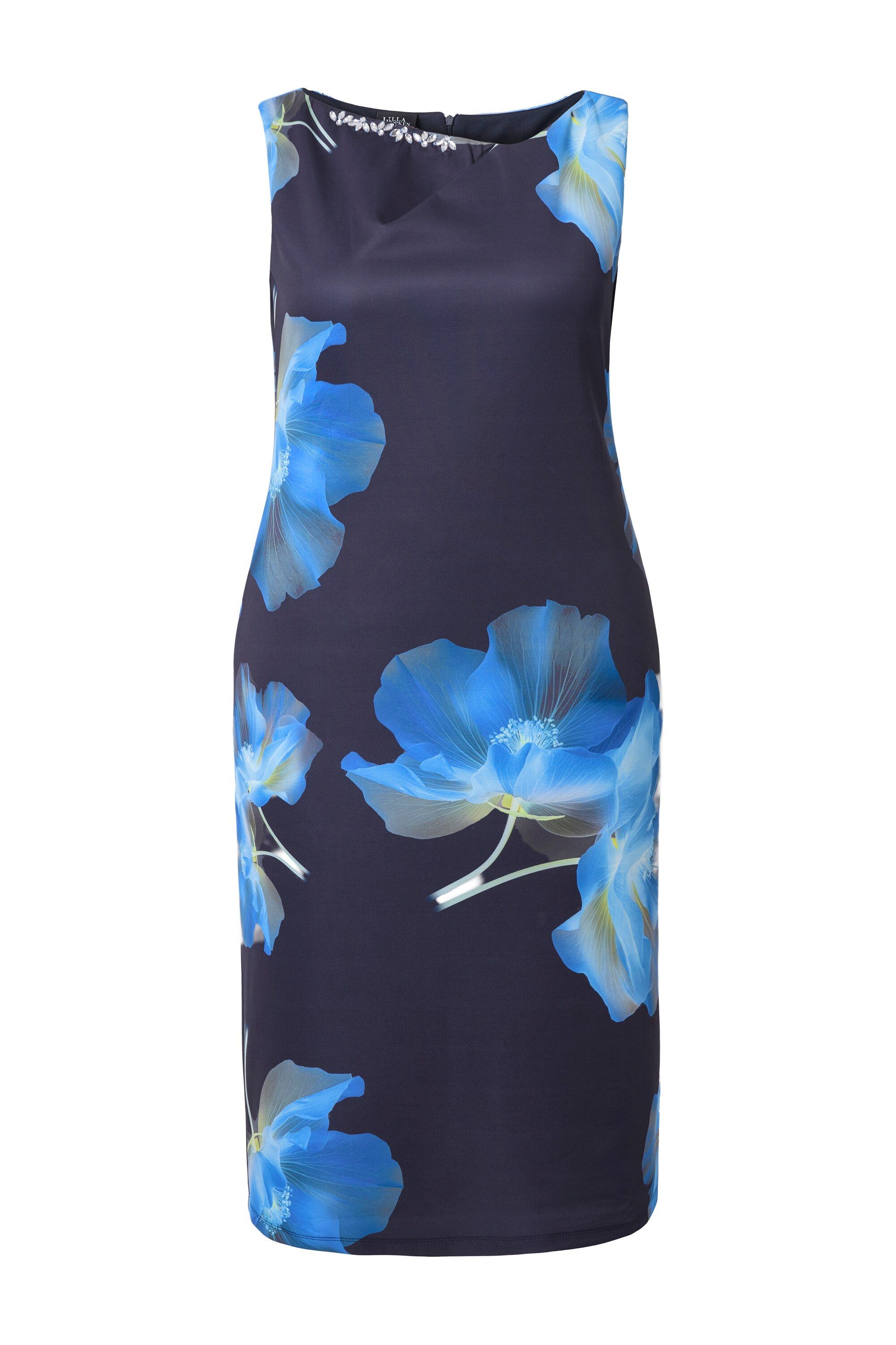 Ulla Popken Cocktailkleid Scuba-Midikleid Blüten U-Boot-Ausschnitt ärmellos