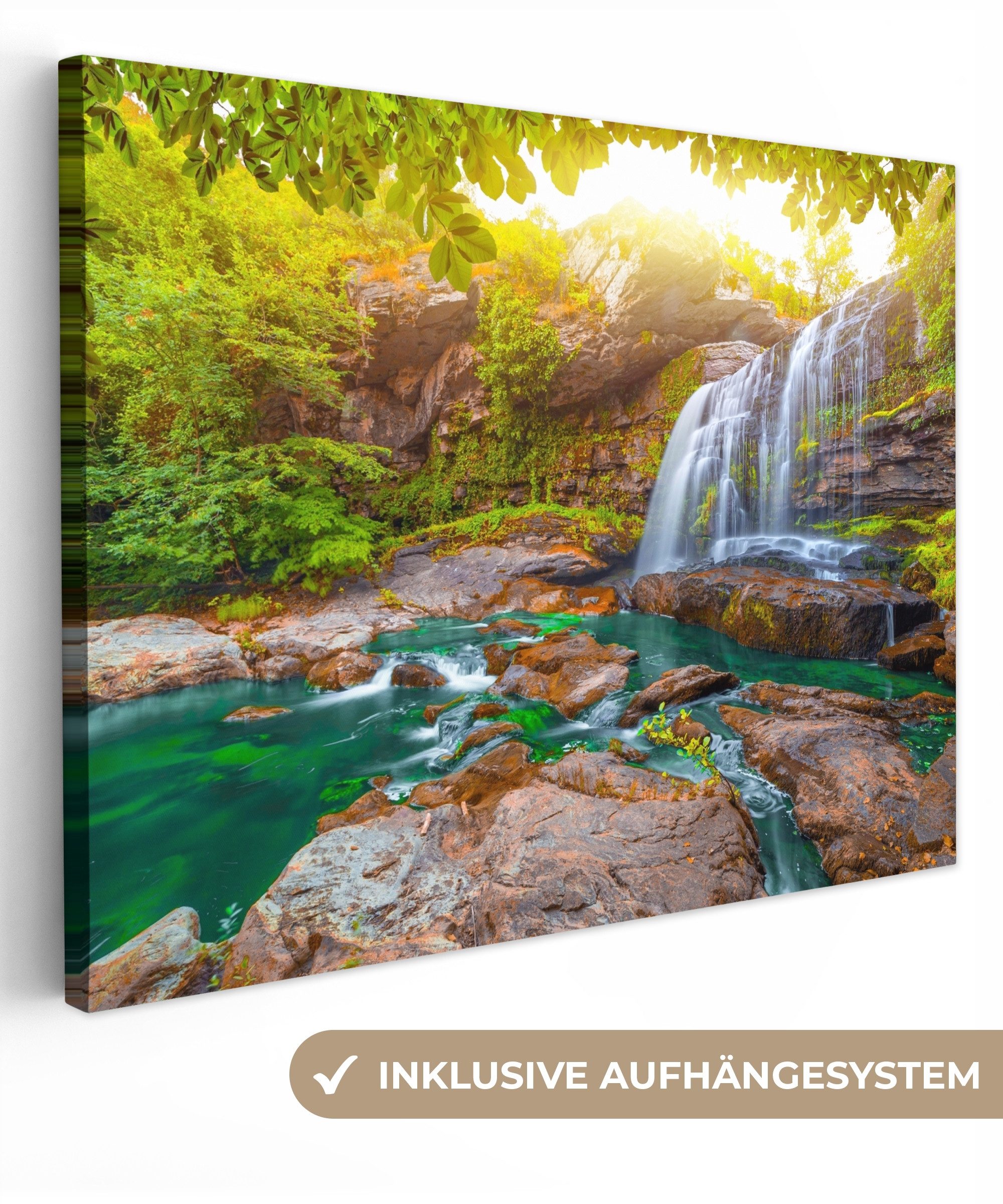 OneMillionCanvasses® Leinwandbild Natur - Wasserfall - Pflanzen - Bäume - Sonne, Fotodruck (1 St), Wandbild Leinwandbilder, Aufhängefertig, Wanddeko 40x30 cm
